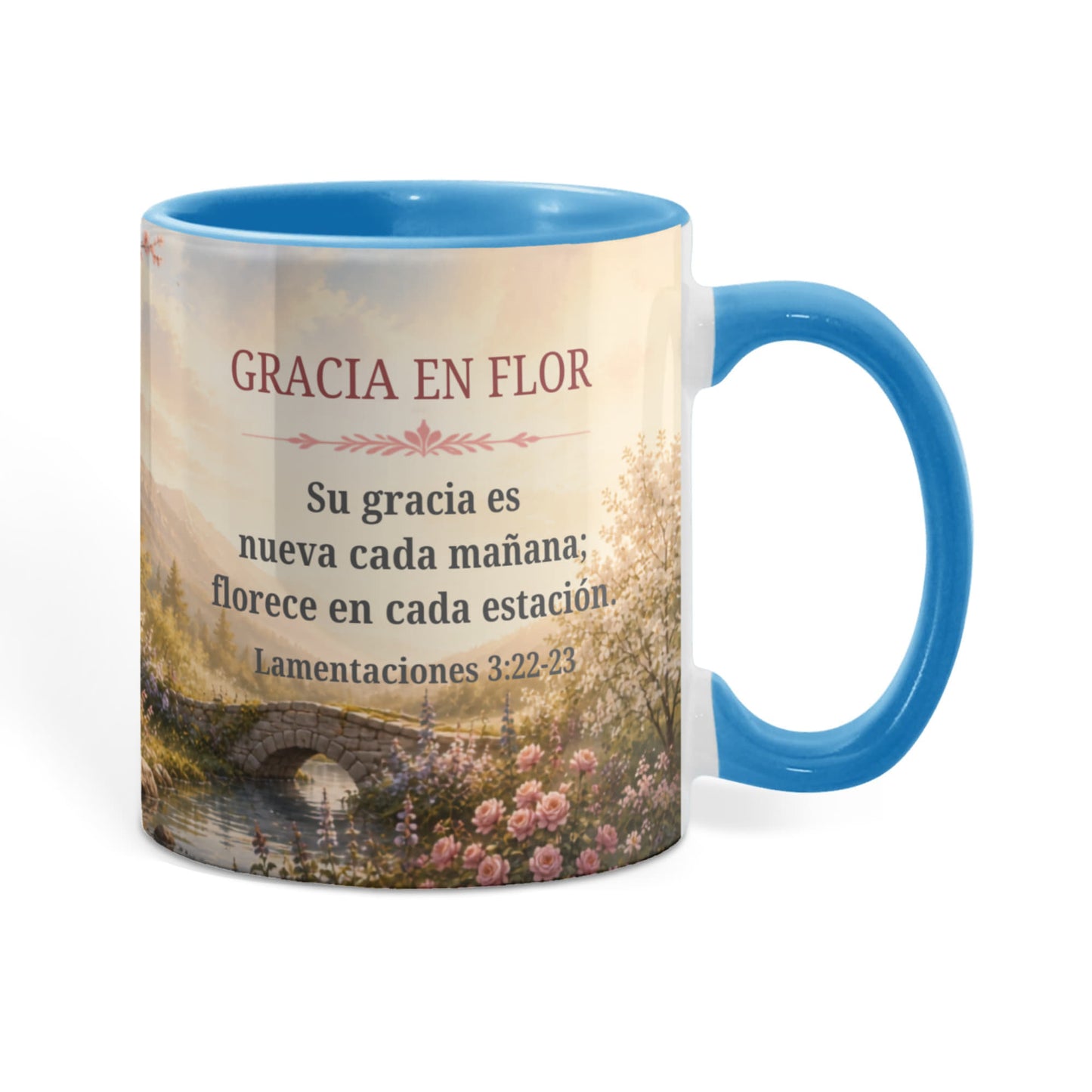 Gracia en Flor | Taza Cristiana con Acento de Color | Lamentaciones 3:22-23 | Taza con Versículo Bíblico