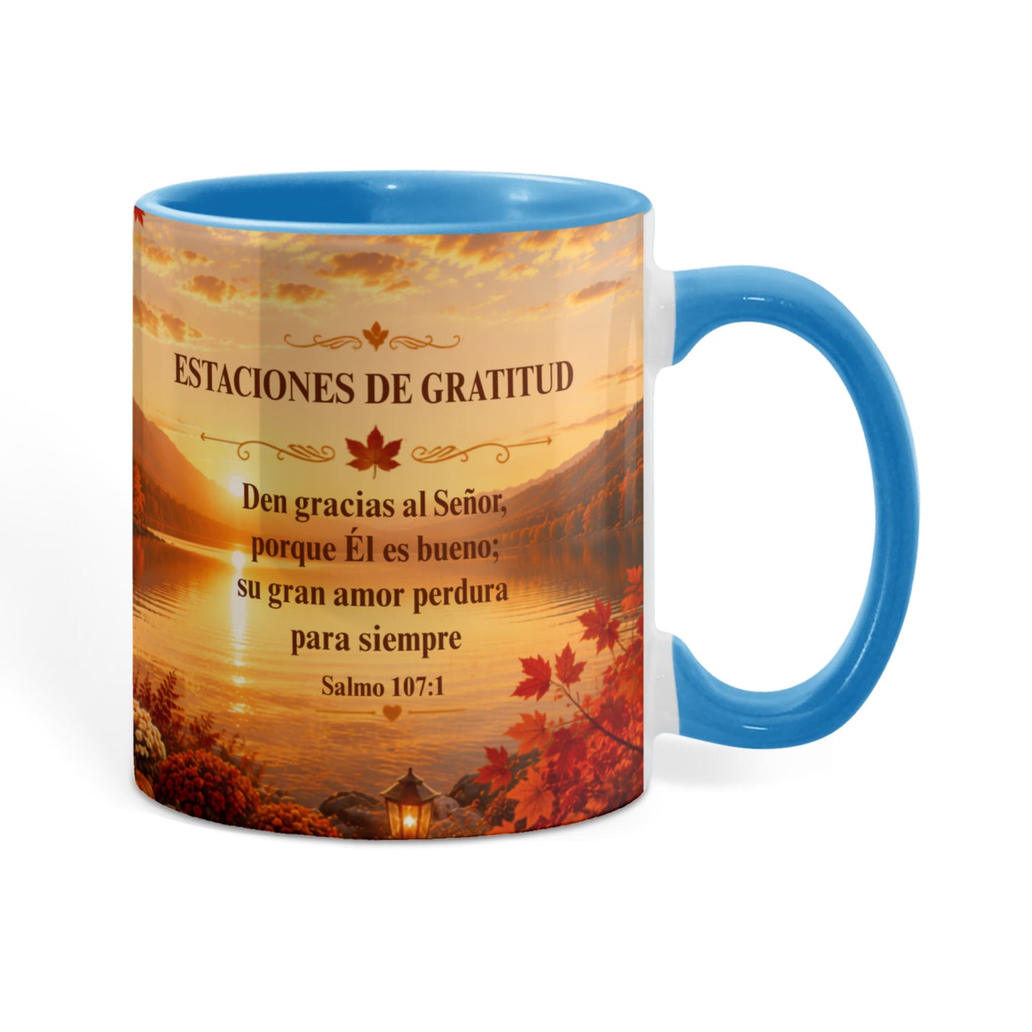 Estaciones de Gratitud | Taza Cristiana con Acento de Color | Salmo 107:1