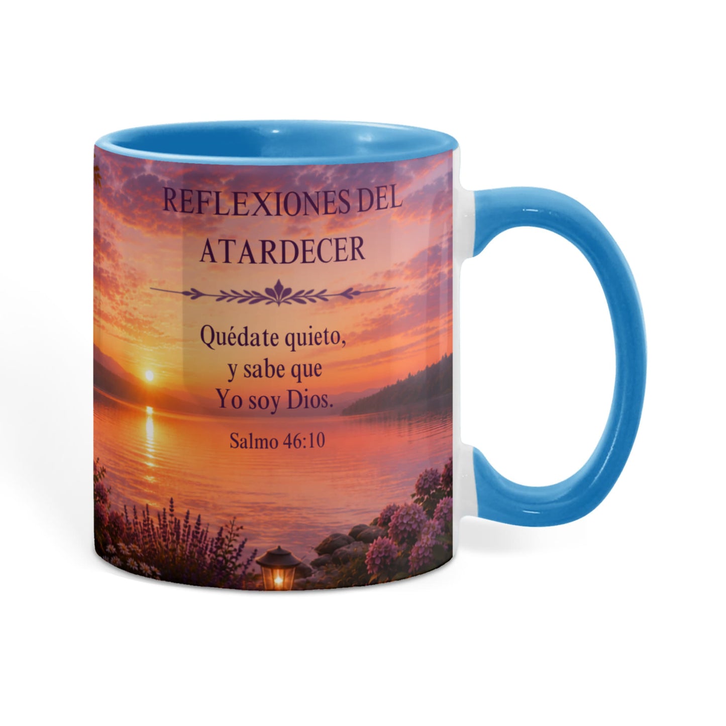 Reflexiones del Atardecer | Taza Cristiana con Acento de Color | Salmo 46:10