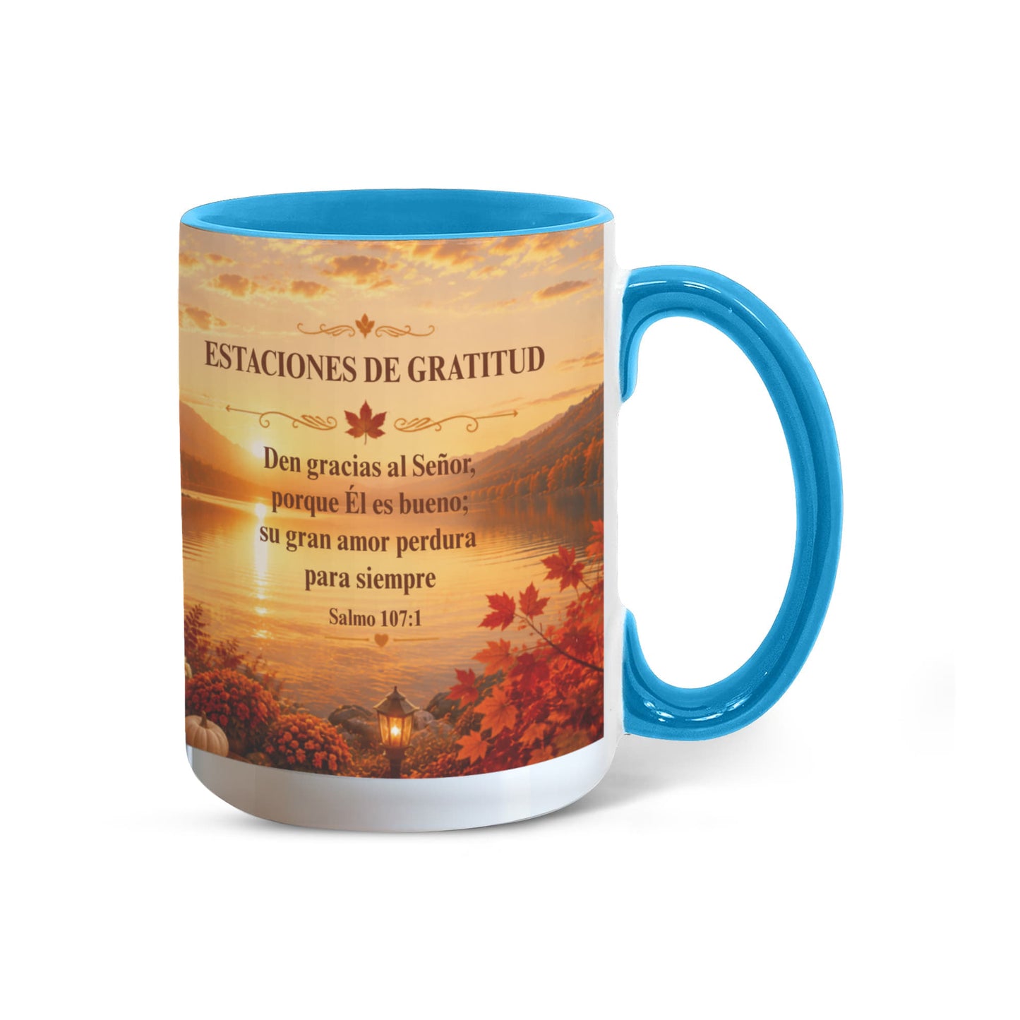 Estaciones de Gratitud | Taza Cristiana con Acento de Color | Salmo 107:1