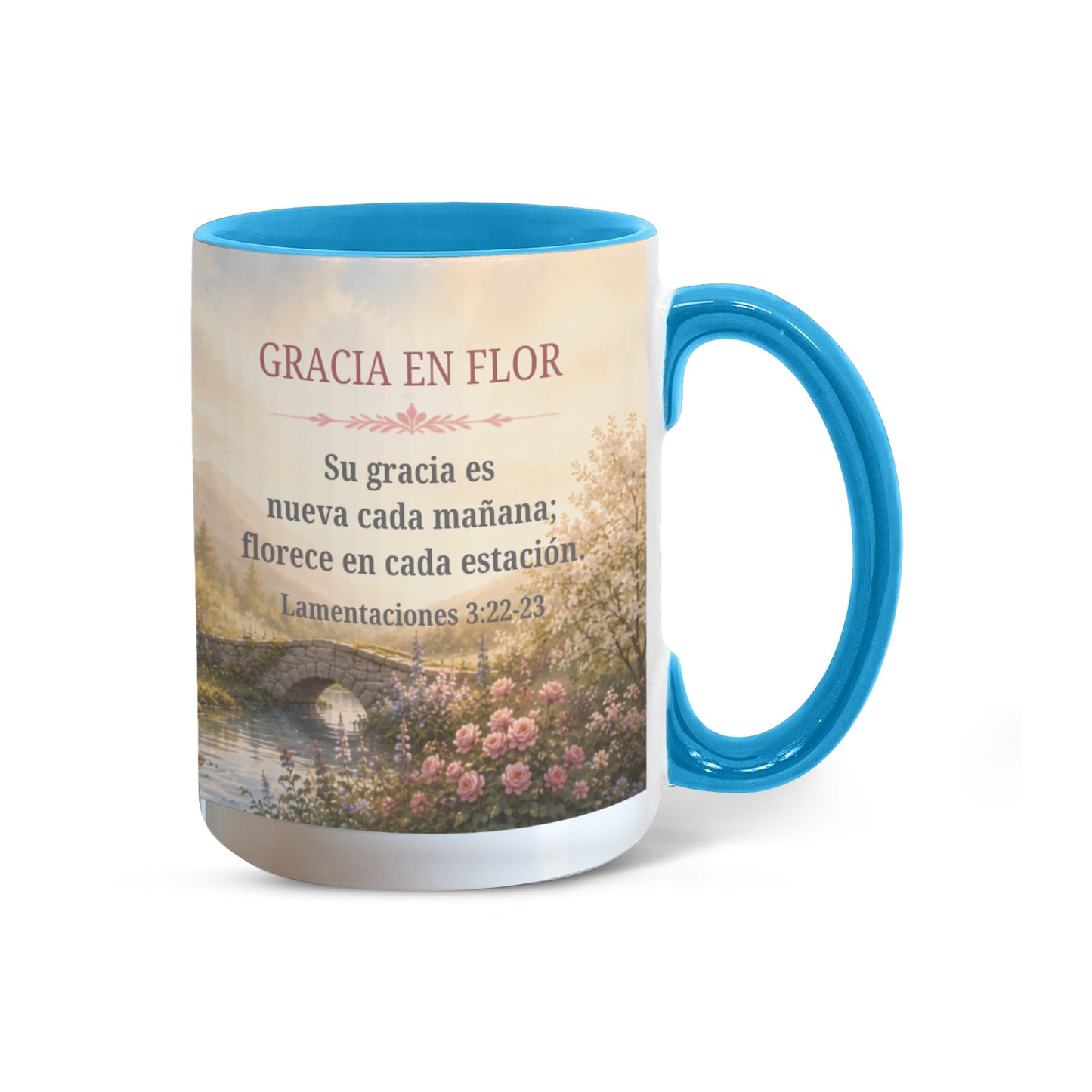 Gracia en Flor | Taza Cristiana con Acento de Color | Lamentaciones 3:22-23 | Taza con Versículo Bíblico