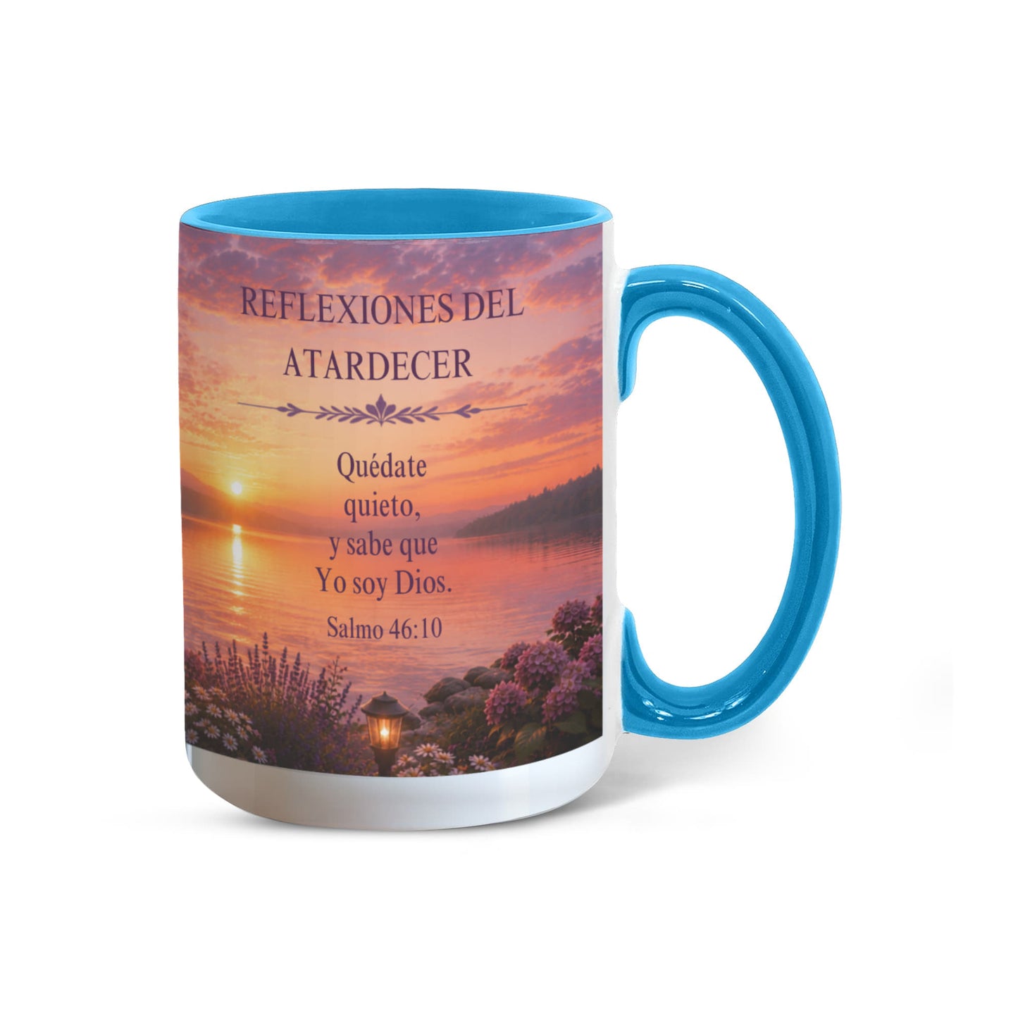 Reflexiones del Atardecer | Taza Cristiana con Acento de Color | Salmo 46:10