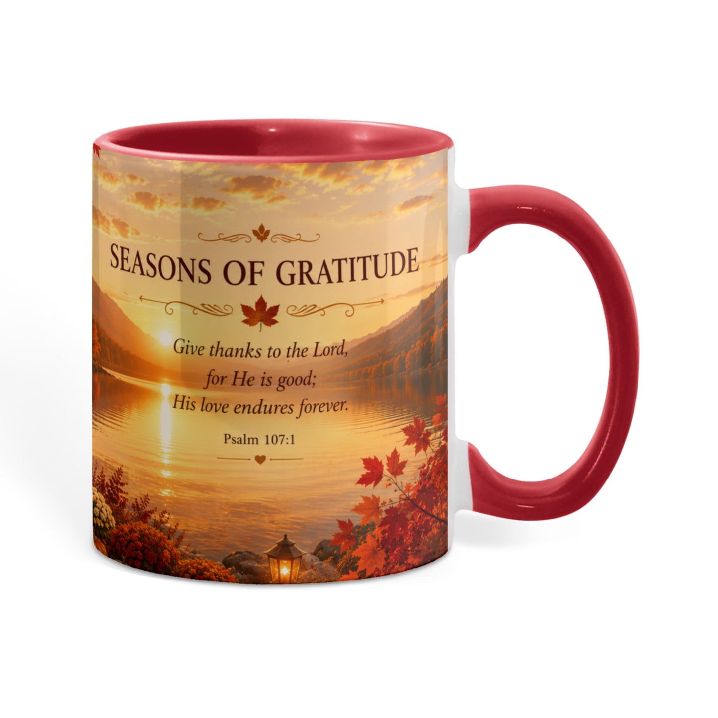 Seasons of Gratitude | Christian Color Accent Mug | Psalm 107:1 | Fall Coffee Mug