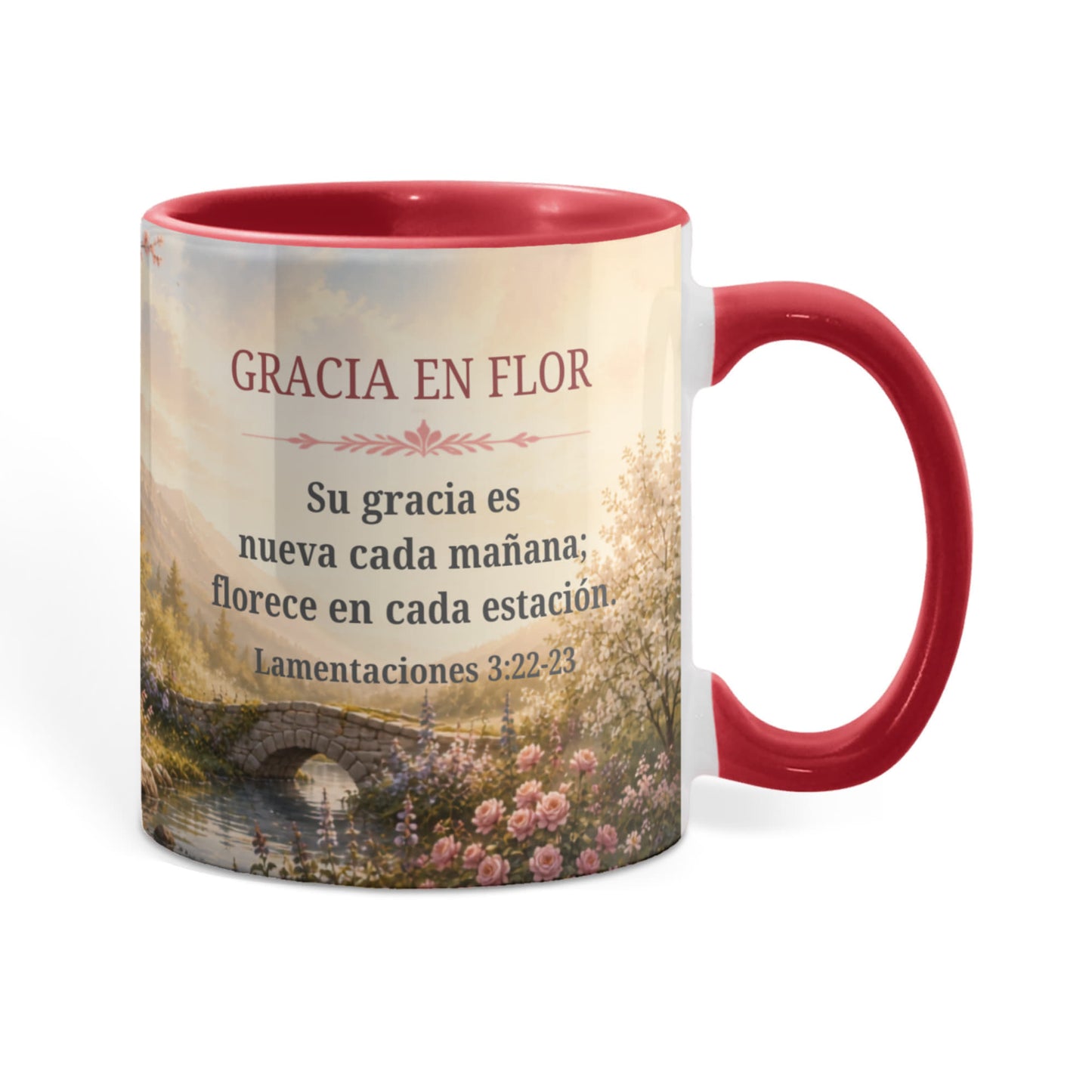 Gracia en Flor | Taza Cristiana con Acento de Color | Lamentaciones 3:22-23 | Taza con Versículo Bíblico