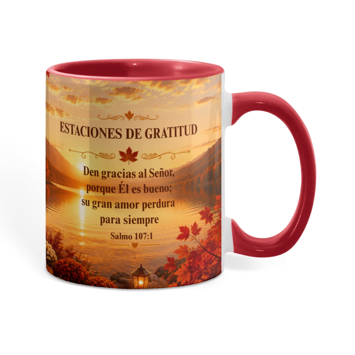Estaciones de Gratitud | Taza Cristiana con Acento de Color | Salmo 107:1