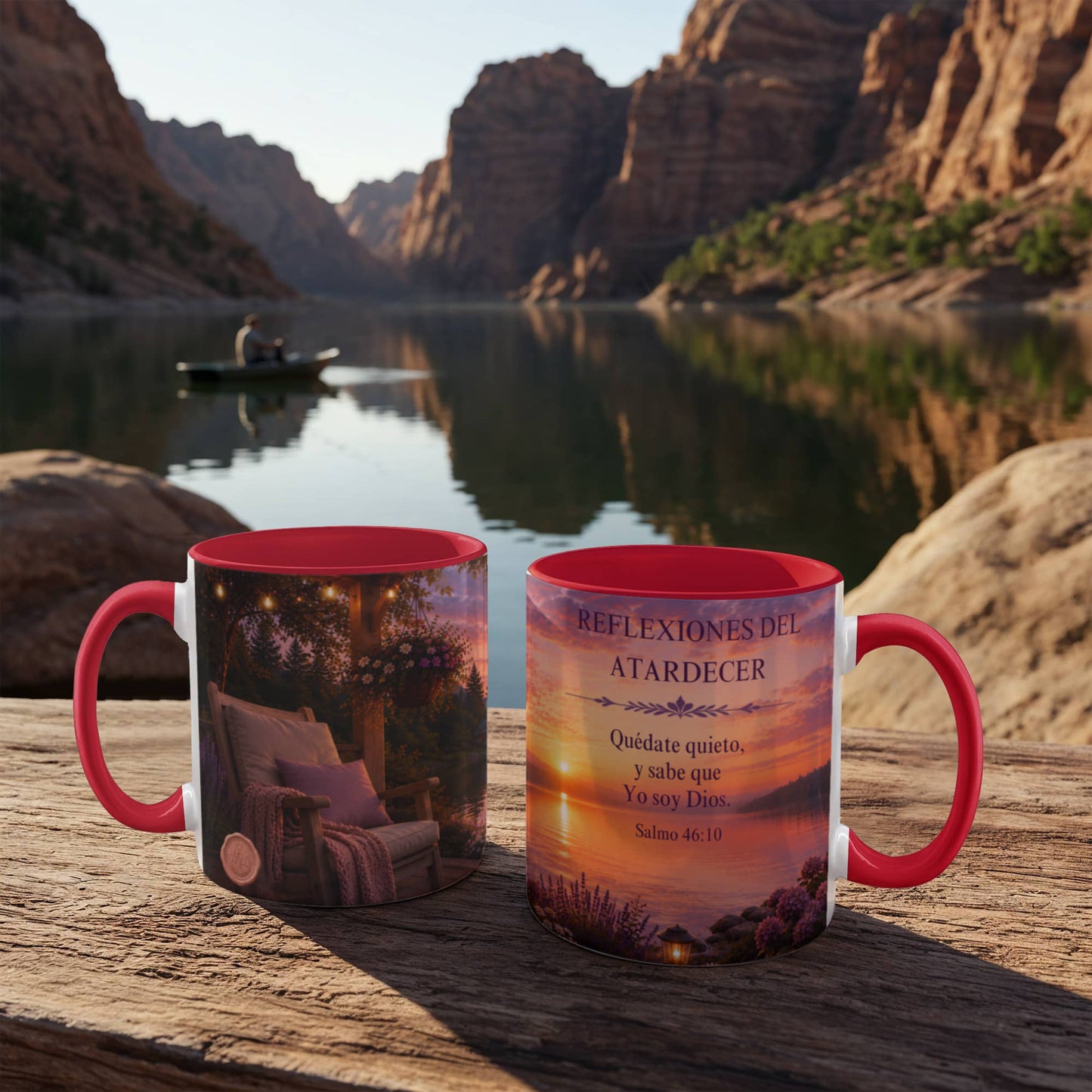 Reflexiones del Atardecer | Taza Cristiana con Acento de Color | Salmo 46:10