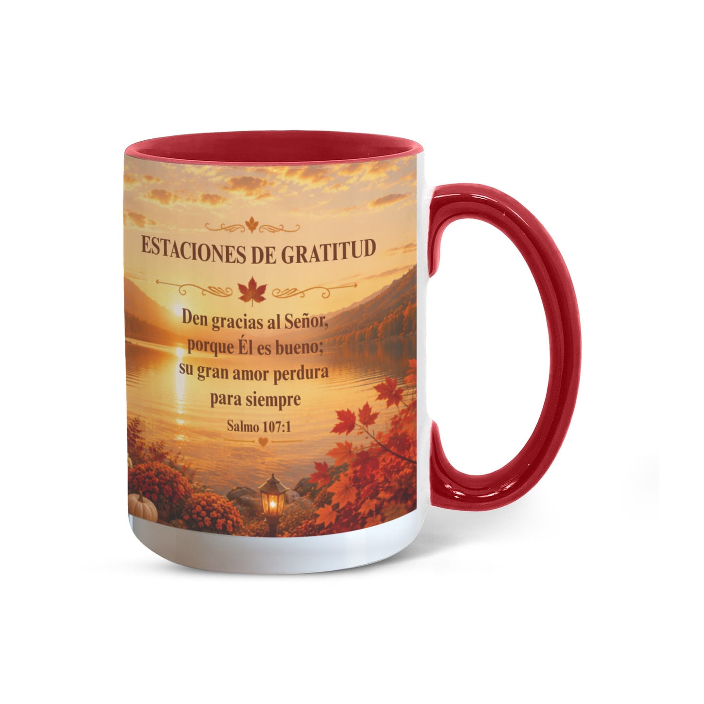 Estaciones de Gratitud | Taza Cristiana con Acento de Color | Salmo 107:1