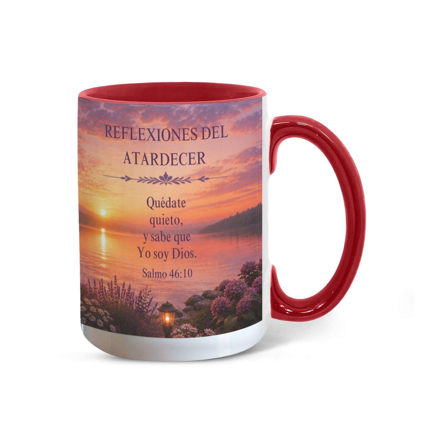 Reflexiones del Atardecer | Taza Cristiana con Acento de Color | Salmo 46:10