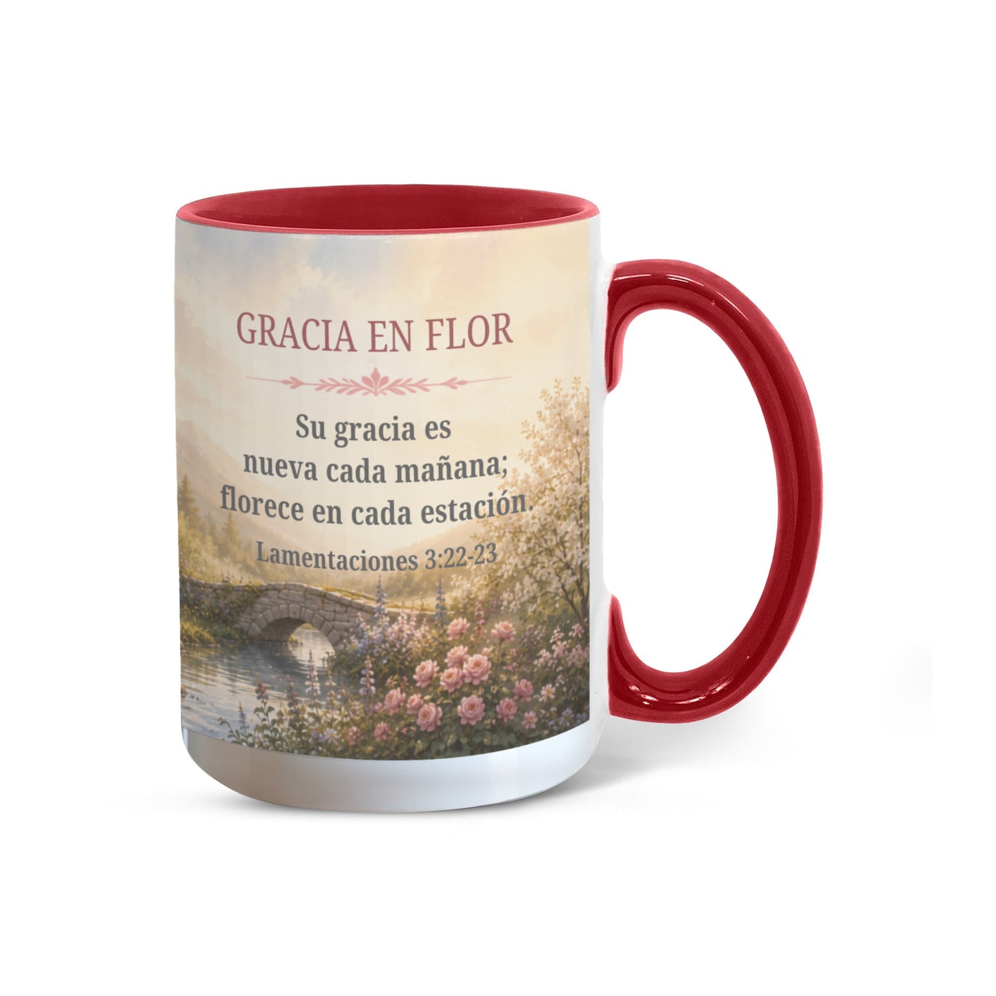 Gracia en Flor | Taza Cristiana con Acento de Color | Lamentaciones 3:22-23 | Taza con Versículo Bíblico