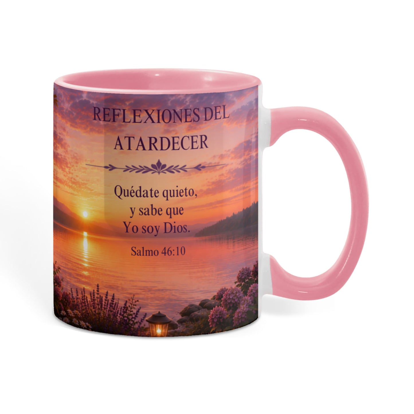 Reflexiones del Atardecer | Taza Cristiana con Acento de Color | Salmo 46:10