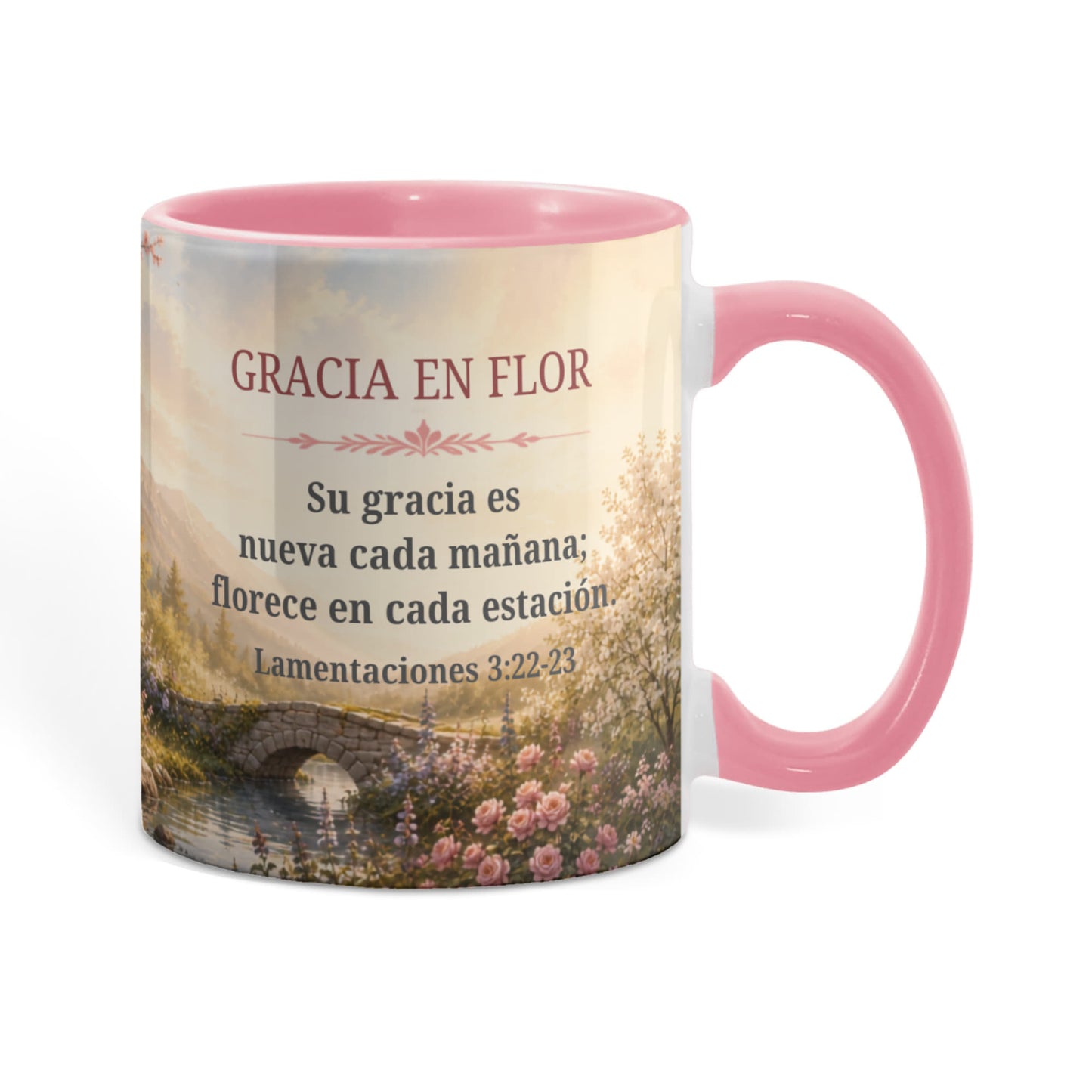 Gracia en Flor | Taza Cristiana con Acento de Color | Lamentaciones 3:22-23 | Taza con Versículo Bíblico