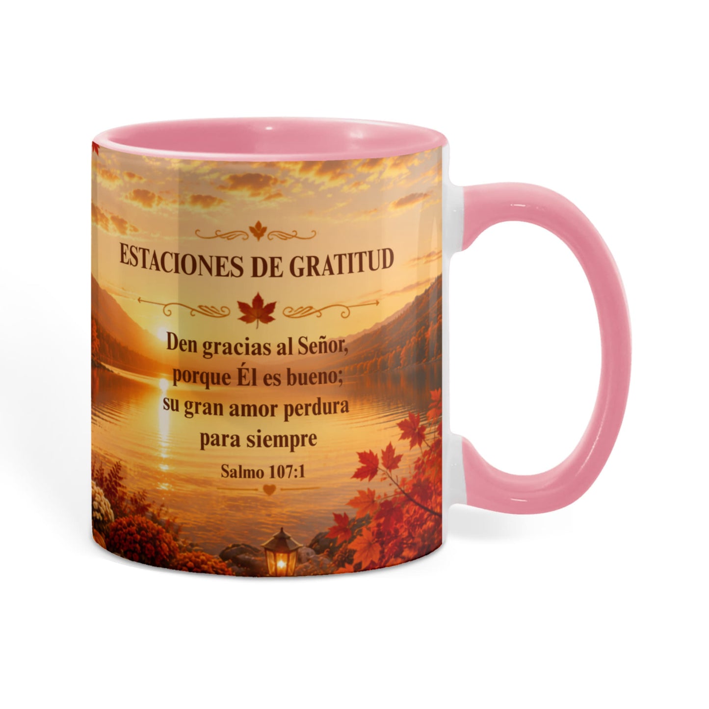 Estaciones de Gratitud | Taza Cristiana con Acento de Color | Salmo 107:1
