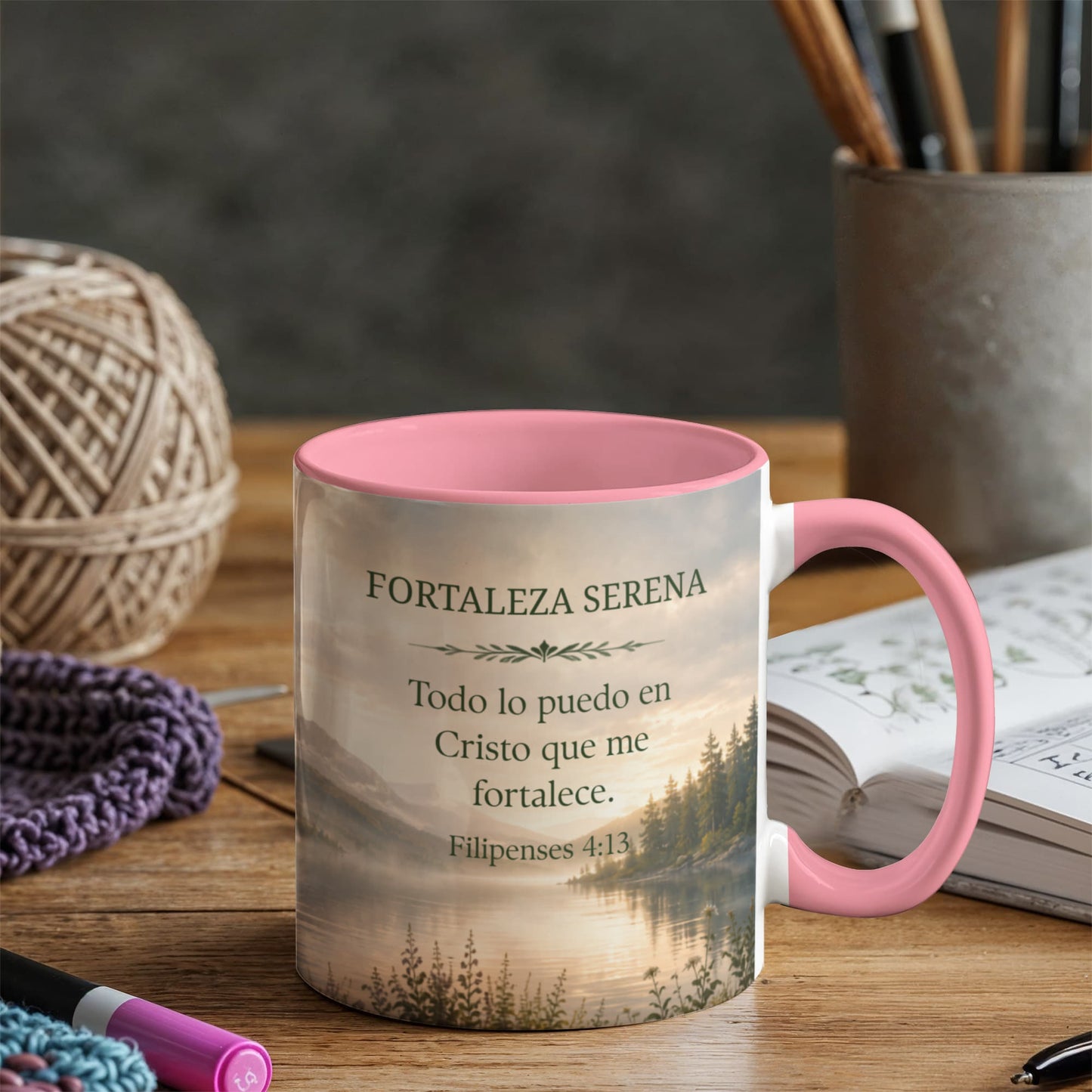 Fortaleza Serena | Taza Cristiana con Acento de Color | Filipenses 4:13 | Taza con Versículo Bíblico