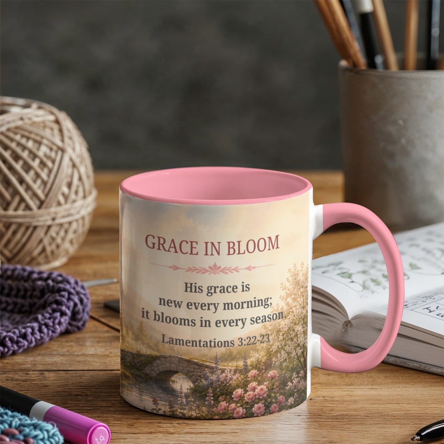 Grace in Bloom | Christian Color Accent Mug | Lamentations 3:22-23 | Faith-Inspired Coffee Mug