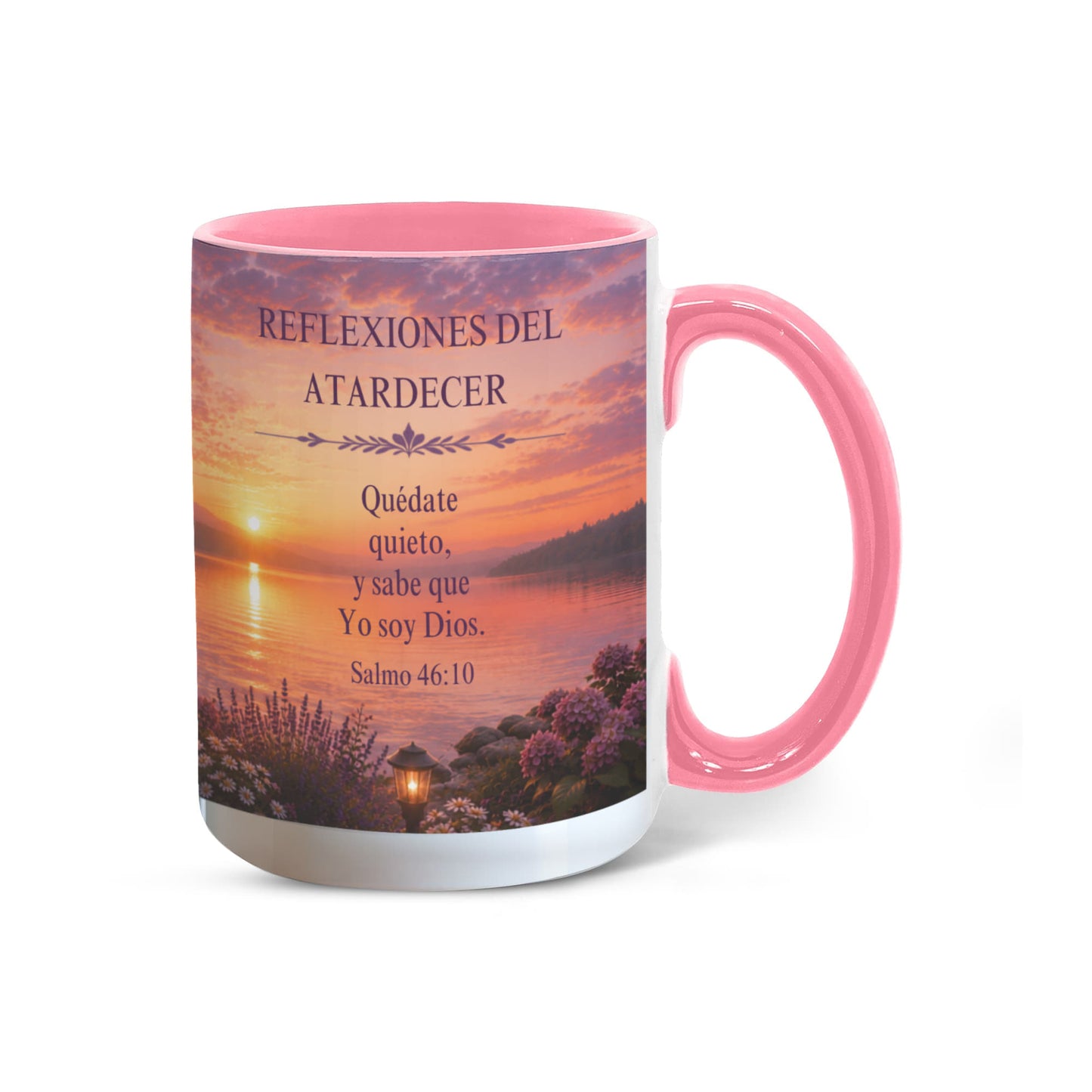 Reflexiones del Atardecer | Taza Cristiana con Acento de Color | Salmo 46:10