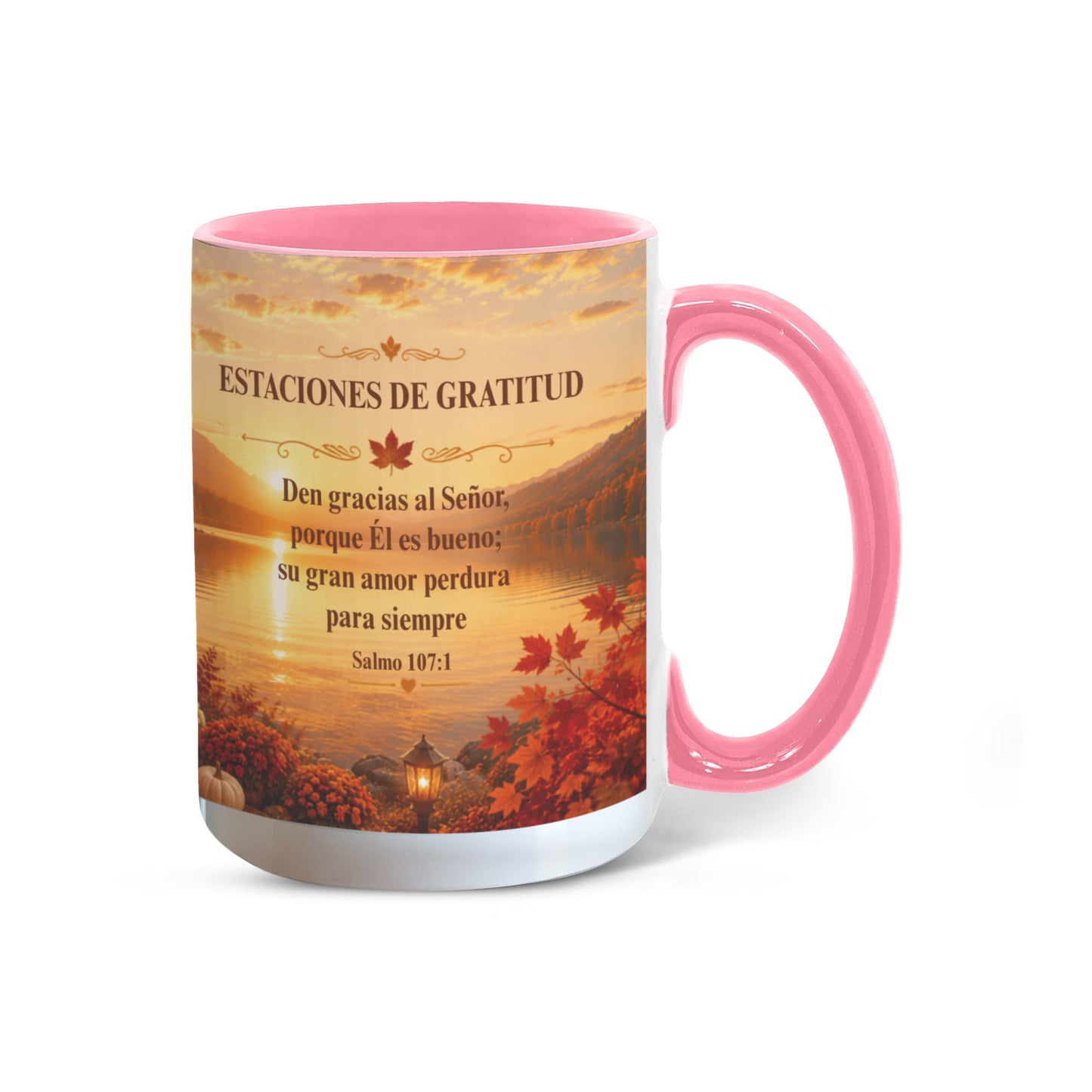 Estaciones de Gratitud | Taza Cristiana con Acento de Color | Salmo 107:1