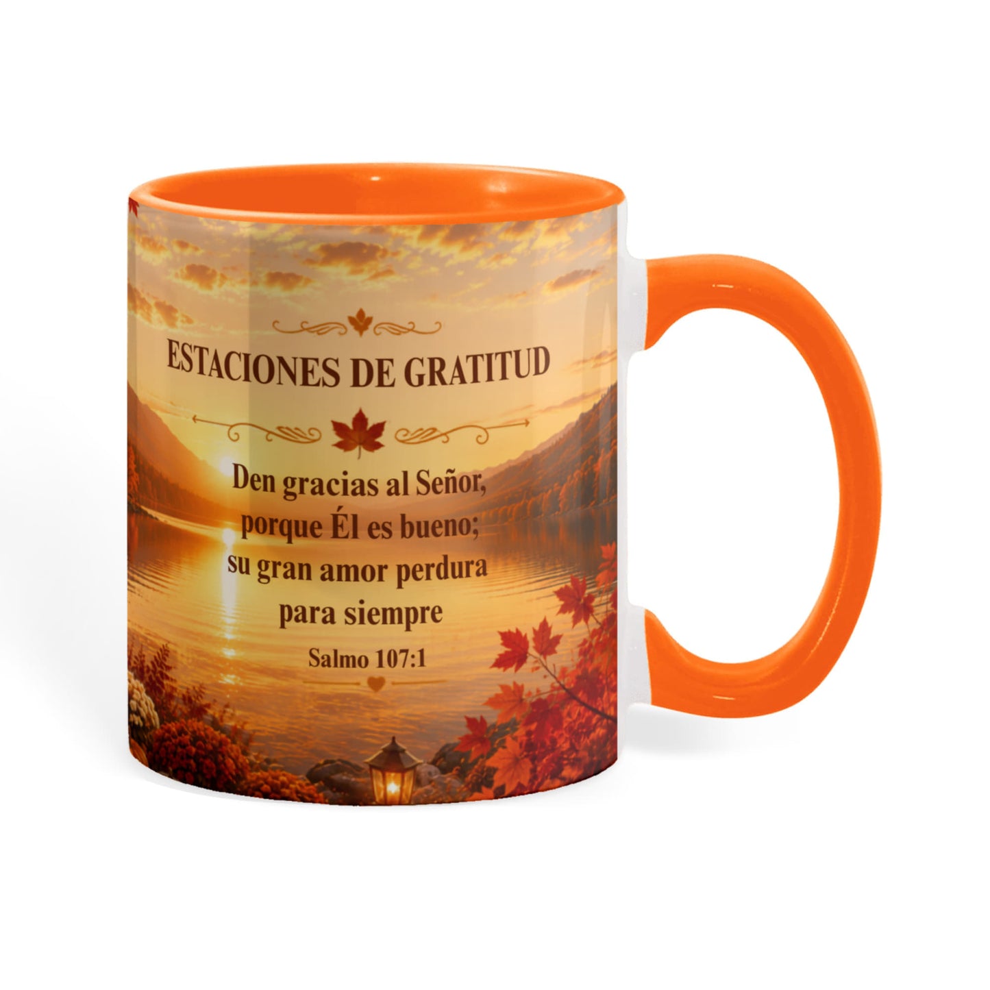 Estaciones de Gratitud | Taza Cristiana con Acento de Color | Salmo 107:1
