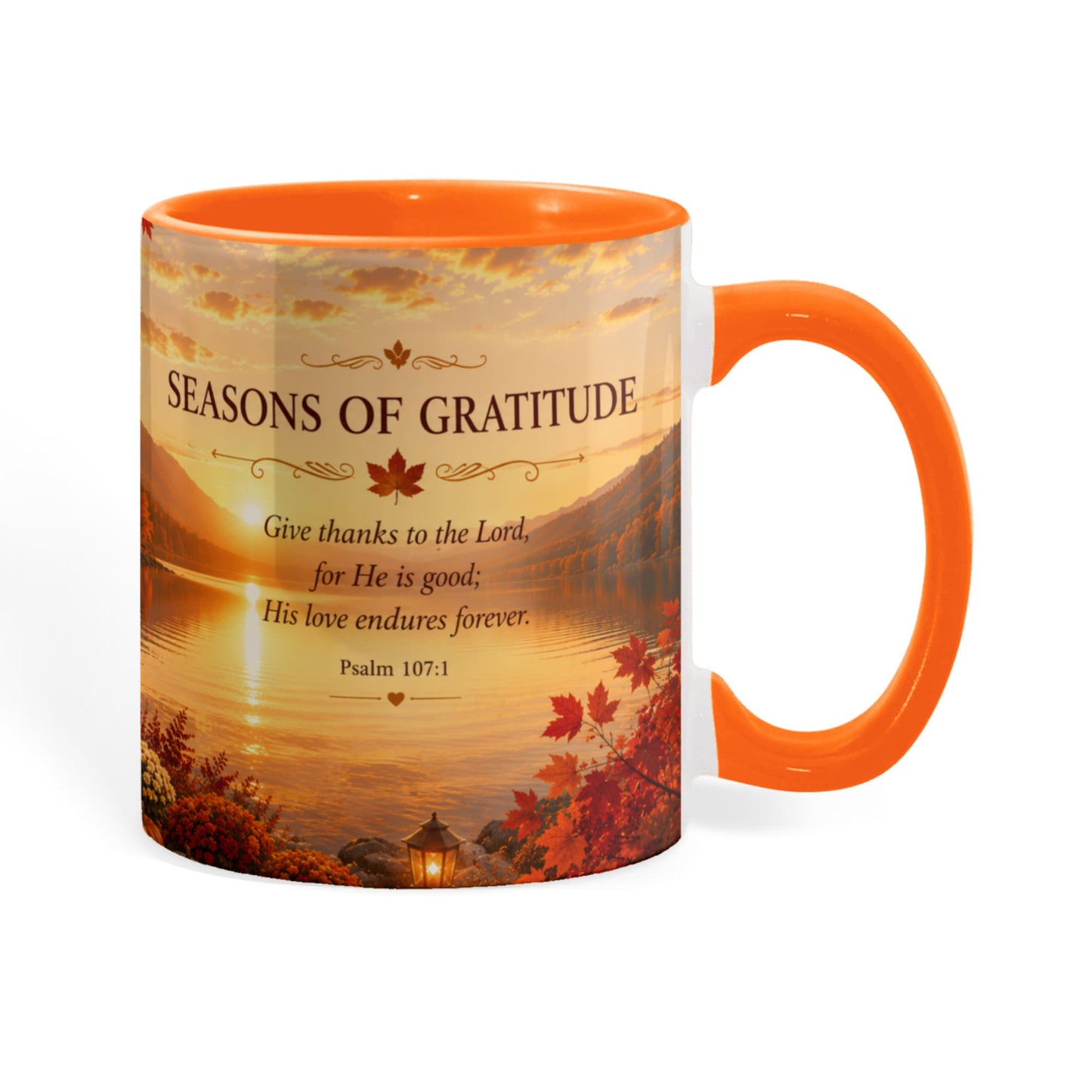 Seasons of Gratitude | Christian Color Accent Mug | Psalm 107:1 | Fall Coffee Mug