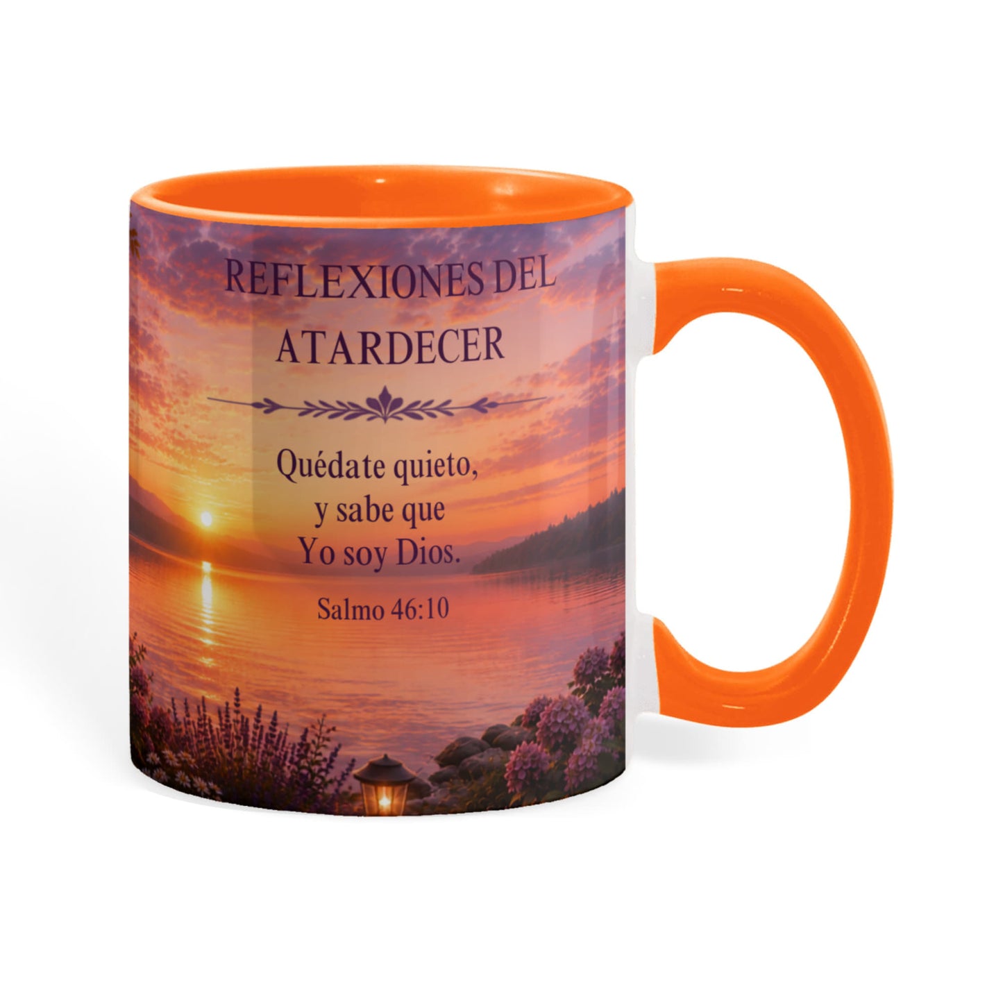 Reflexiones del Atardecer | Taza Cristiana con Acento de Color | Salmo 46:10