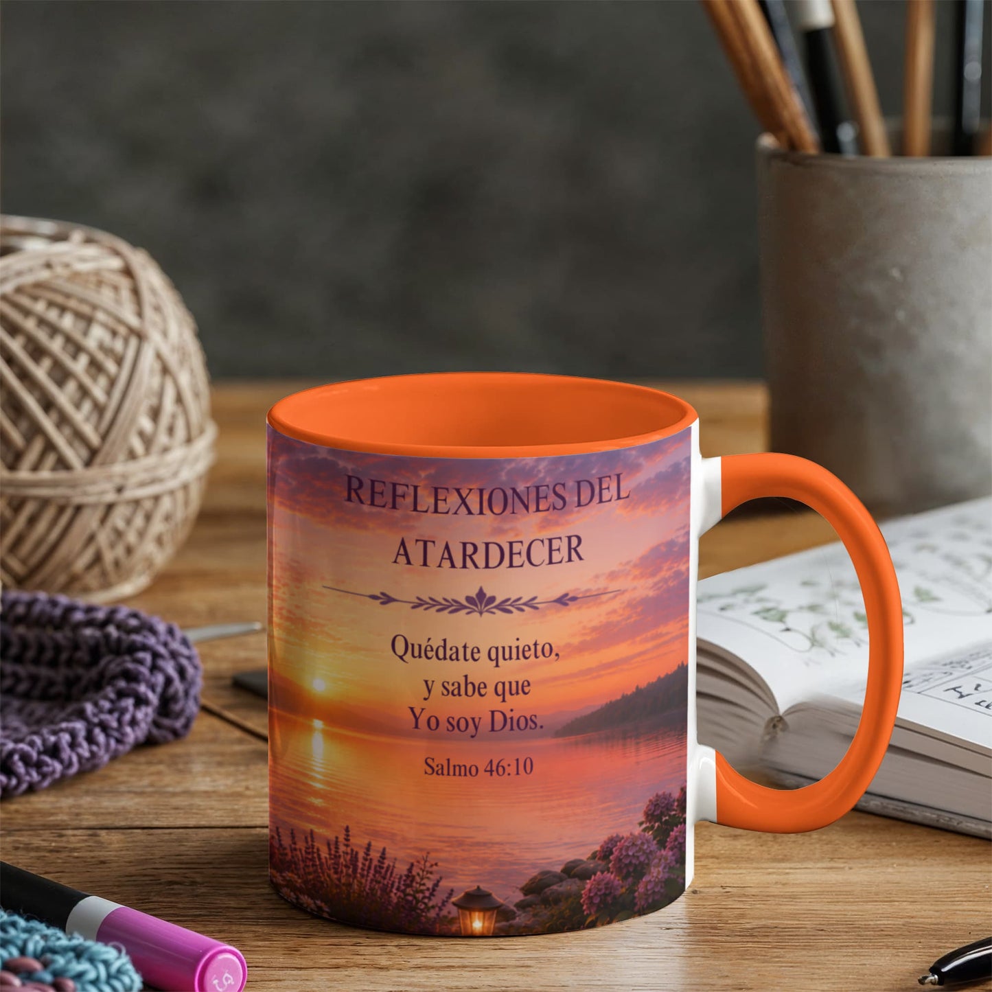 Reflexiones del Atardecer | Taza Cristiana con Acento de Color | Salmo 46:10