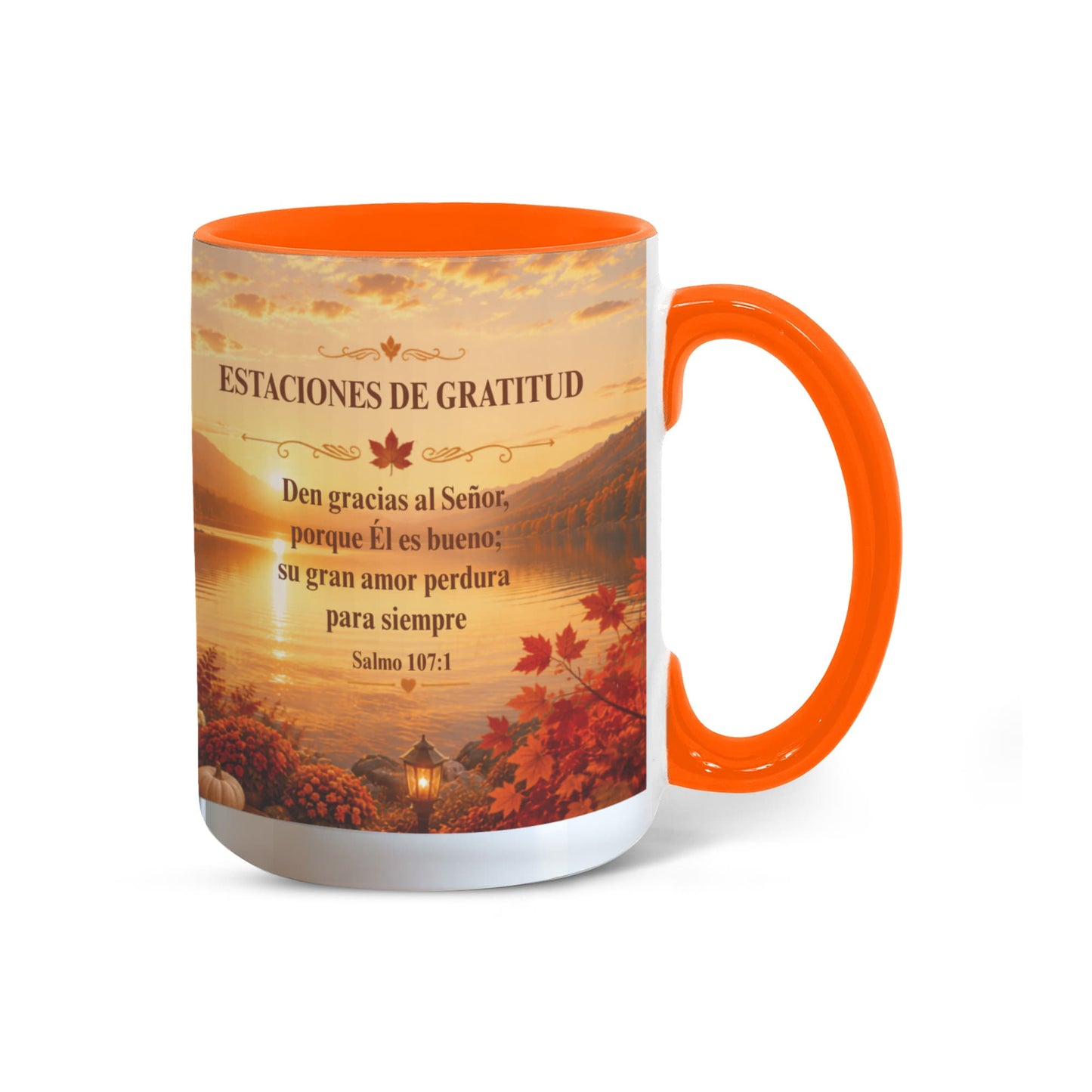 Estaciones de Gratitud | Taza Cristiana con Acento de Color | Salmo 107:1
