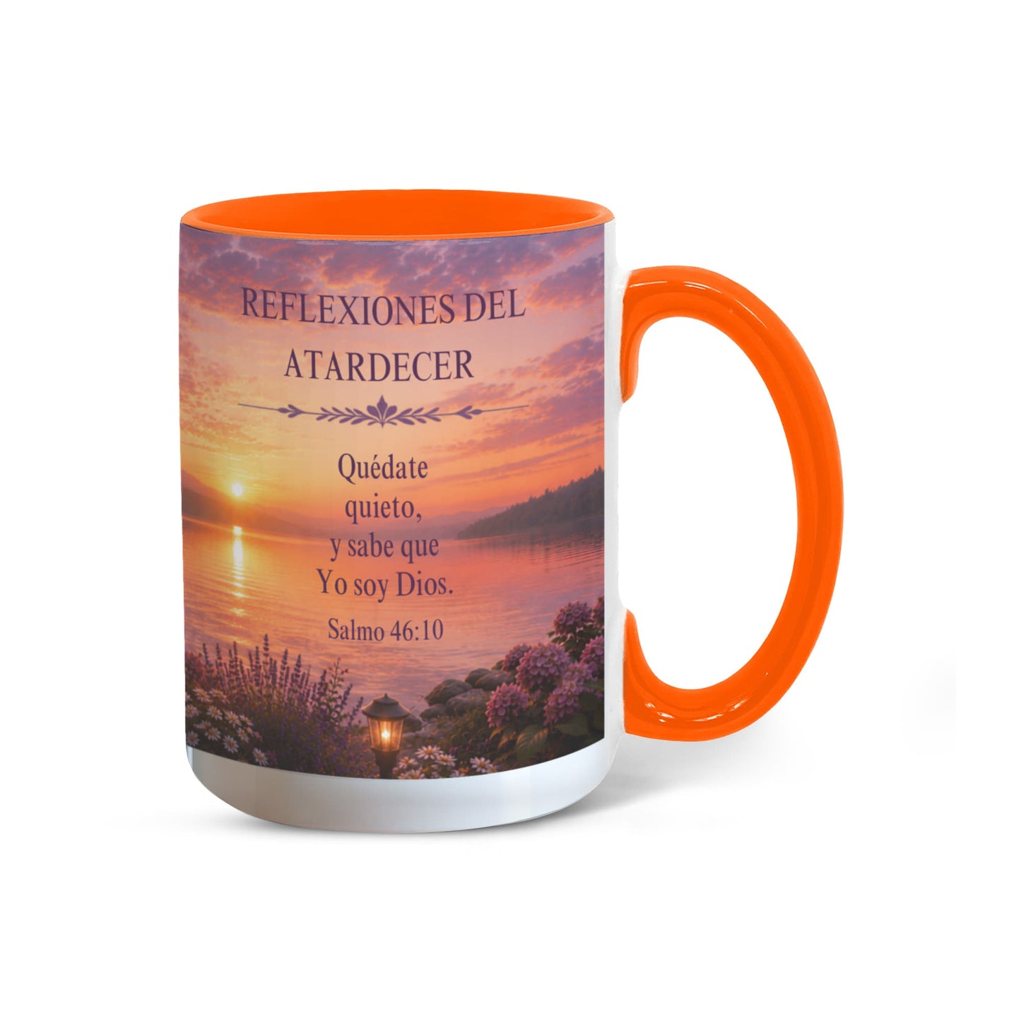 Reflexiones del Atardecer | Taza Cristiana con Acento de Color | Salmo 46:10