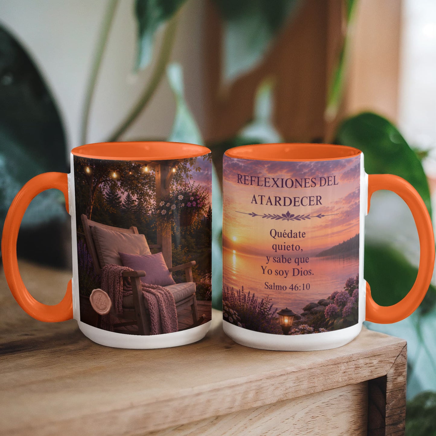 Reflexiones del Atardecer | Taza Cristiana con Acento de Color | Salmo 46:10