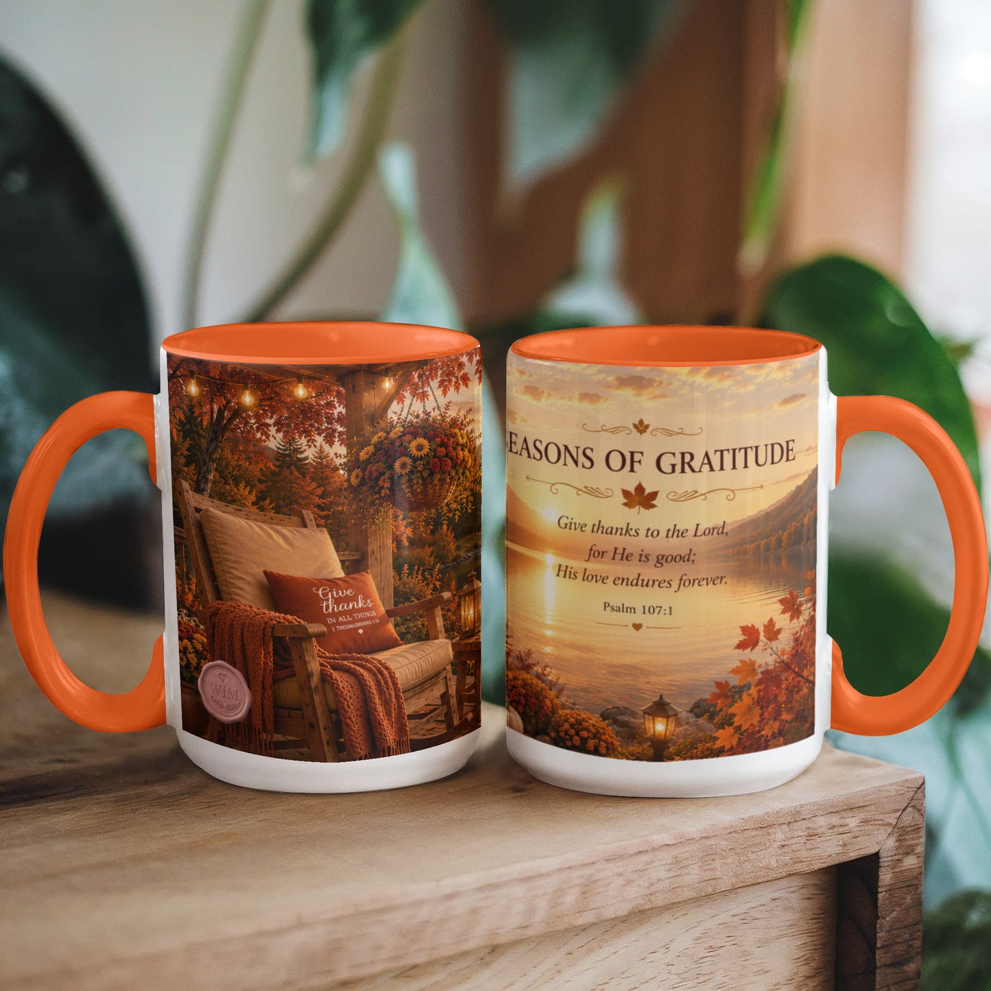 Seasons of Gratitude | Christian Color Accent Mug | Psalm 107:1 | Fall Coffee Mug