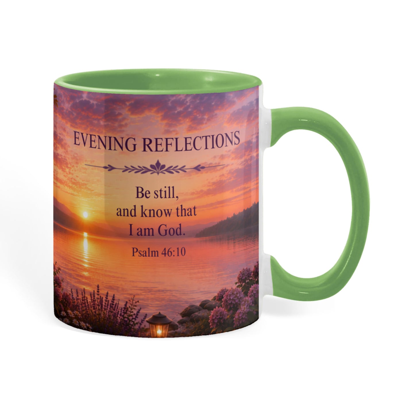 Evening Reflections | Christian Color Accent Coffee Mug | Psalm 46:10 | Inspirational Bible Verse Ceramic Mug