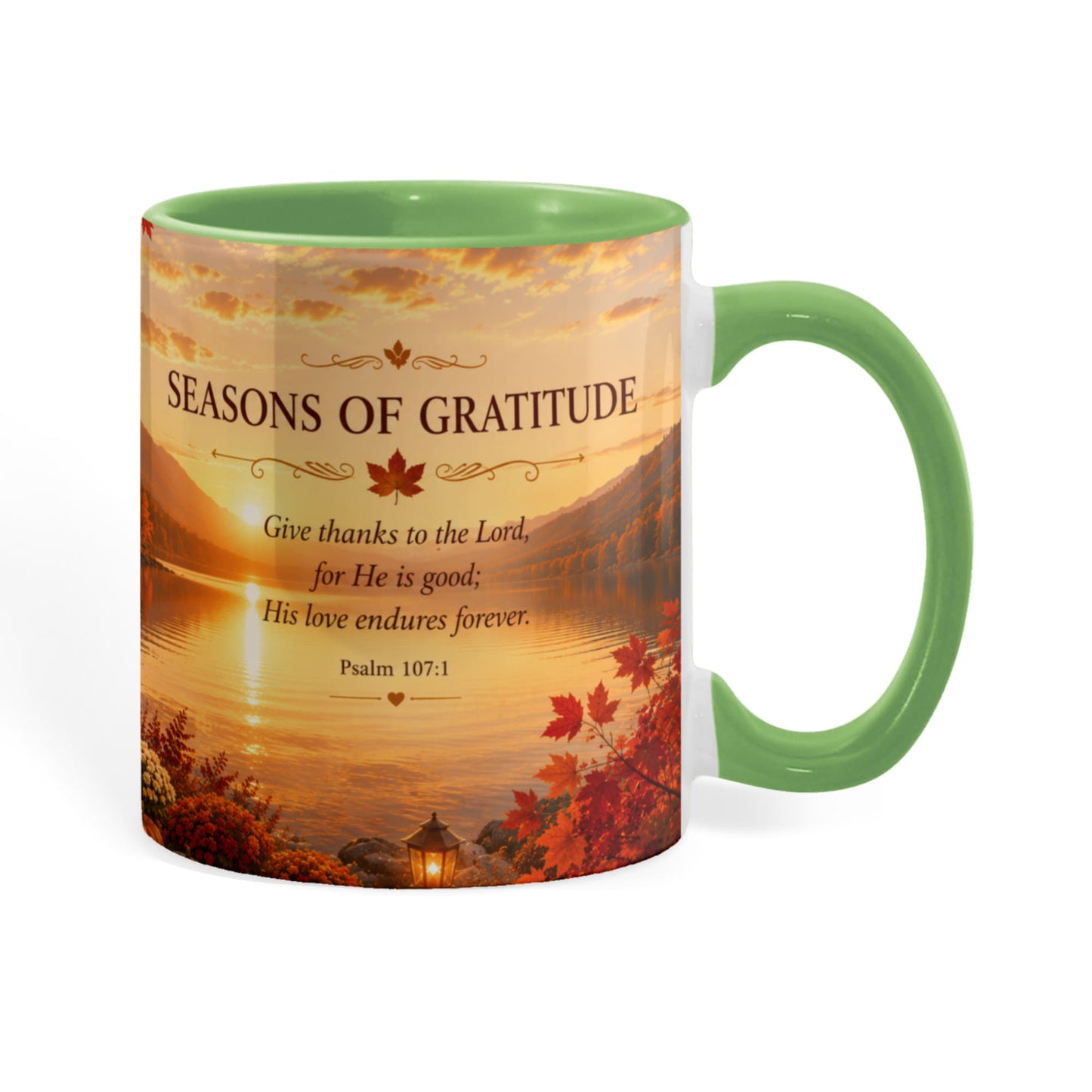 Seasons of Gratitude | Christian Color Accent Mug | Psalm 107:1 | Fall Coffee Mug