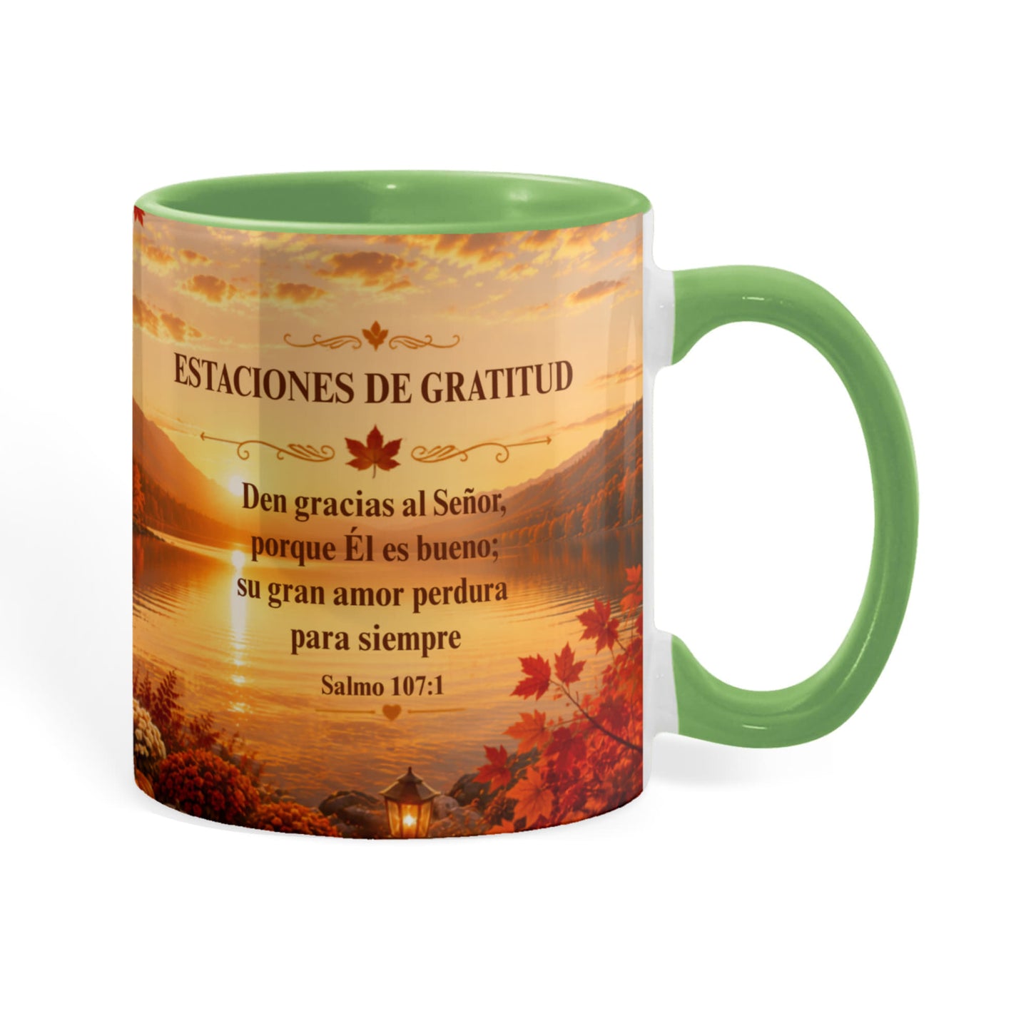 Estaciones de Gratitud | Taza Cristiana con Acento de Color | Salmo 107:1