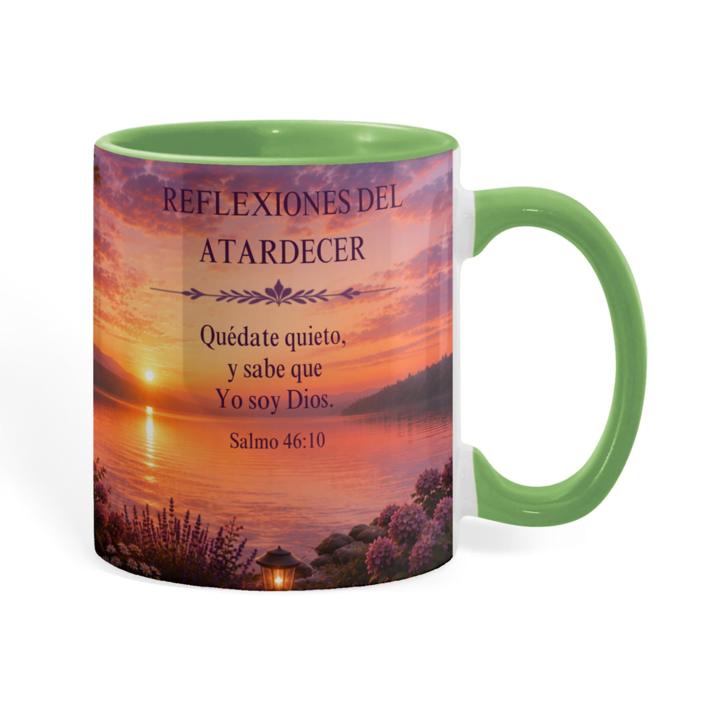 Reflexiones del Atardecer | Taza Cristiana con Acento de Color | Salmo 46:10