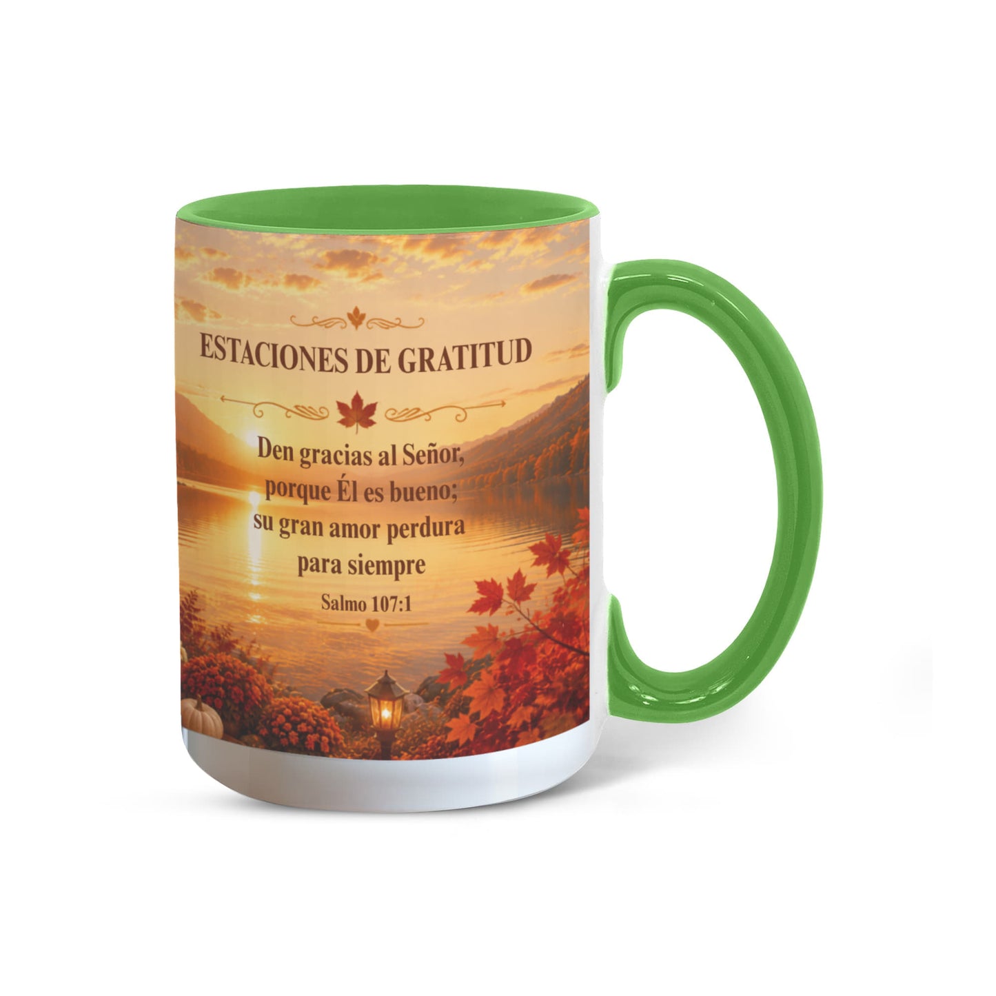 Estaciones de Gratitud | Taza Cristiana con Acento de Color | Salmo 107:1
