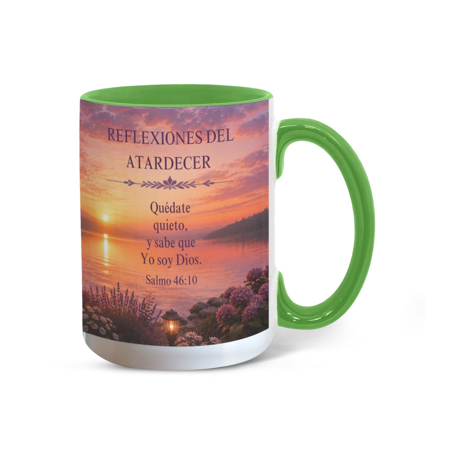 Reflexiones del Atardecer | Taza Cristiana con Acento de Color | Salmo 46:10