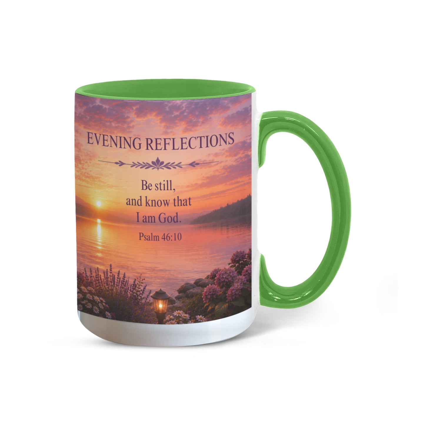 Evening Reflections | Christian Color Accent Coffee Mug | Psalm 46:10 | Inspirational Bible Verse Ceramic Mug