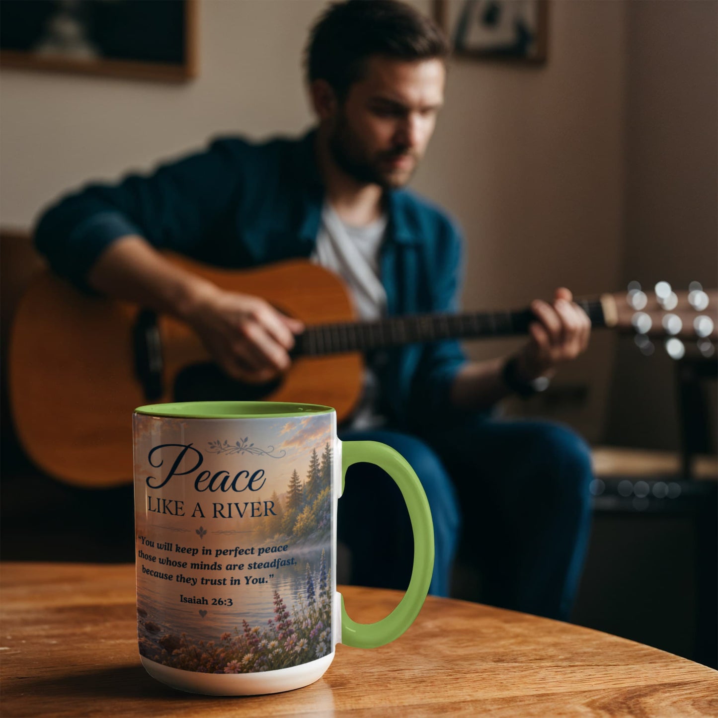 Peace Like a River | Christian Color Accent Mug | Isaiah 26:3 Scripture Coffee Cup