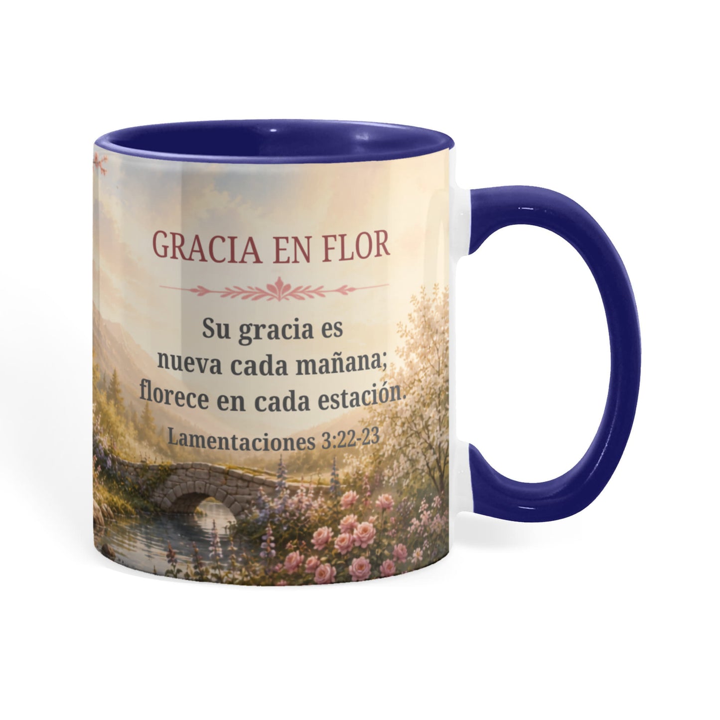 Gracia en Flor | Taza Cristiana con Acento de Color | Lamentaciones 3:22-23 | Taza con Versículo Bíblico