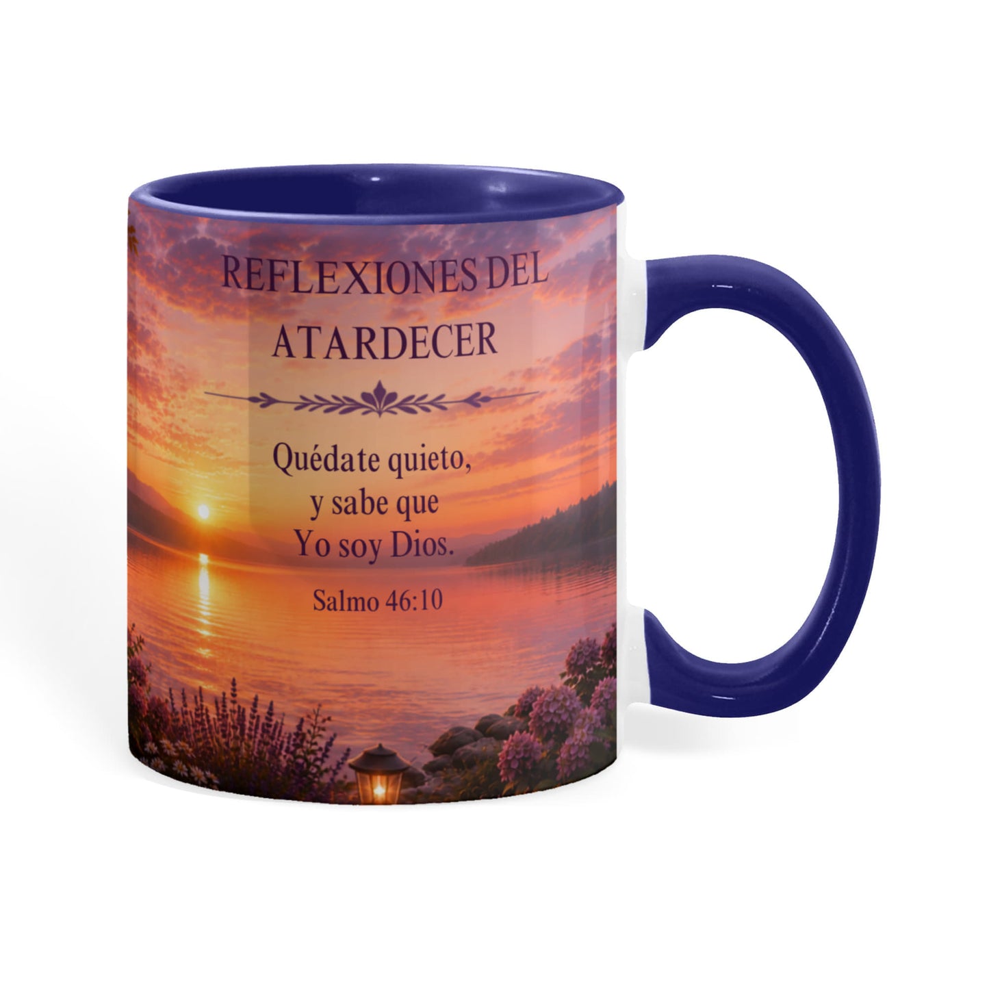 Reflexiones del Atardecer | Taza Cristiana con Acento de Color | Salmo 46:10