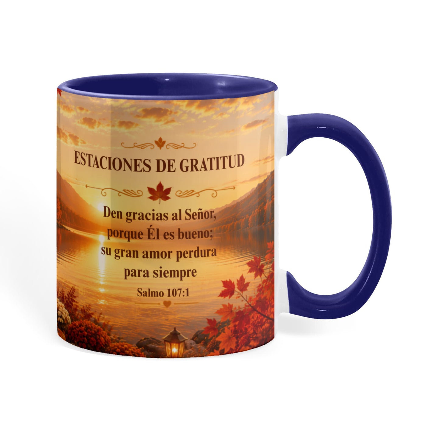Estaciones de Gratitud | Taza Cristiana con Acento de Color | Salmo 107:1