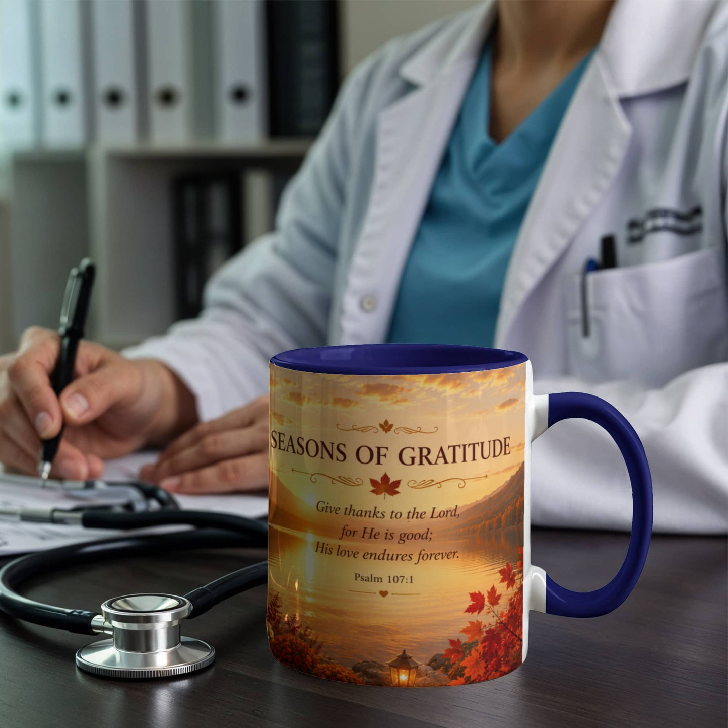 Seasons of Gratitude | Christian Color Accent Mug | Psalm 107:1 | Fall Coffee Mug