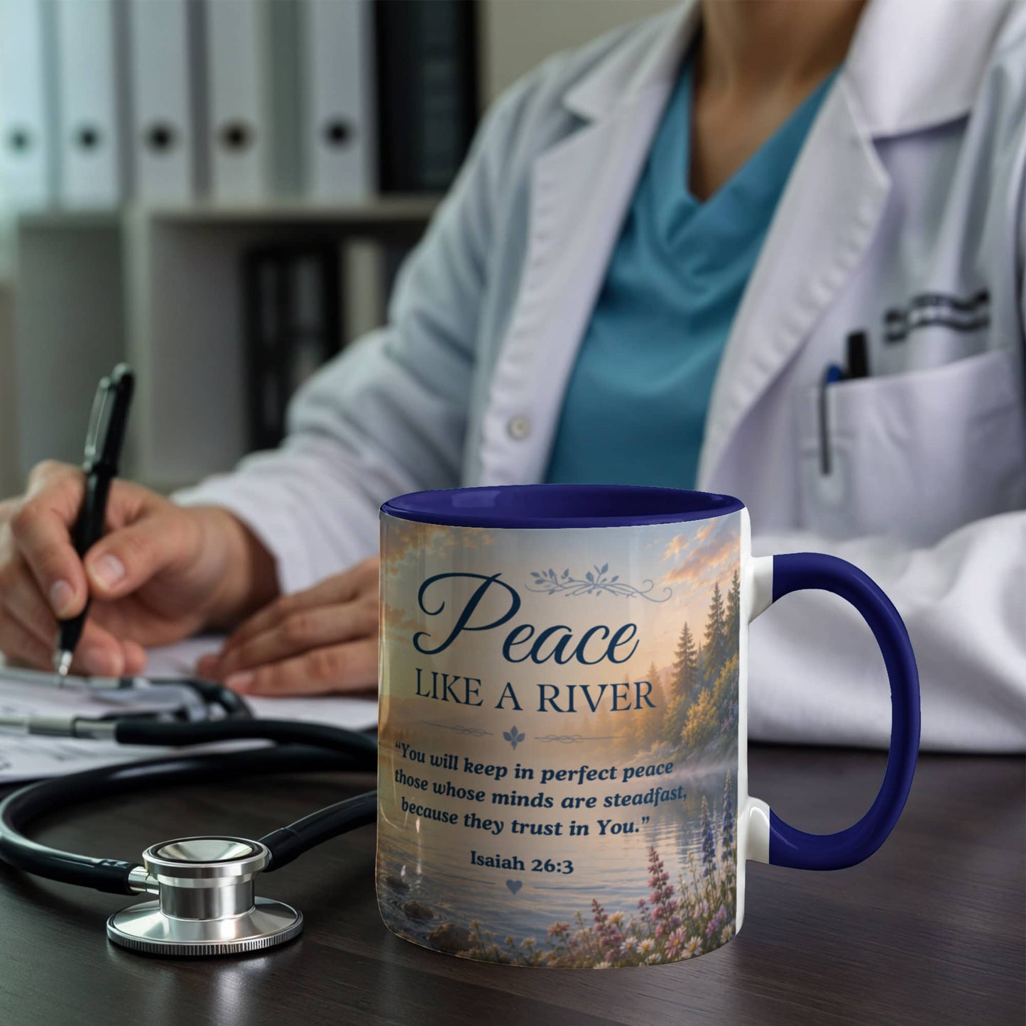 Peace Like a River | Christian Color Accent Mug | Isaiah 26:3 Scripture Coffee Cup
