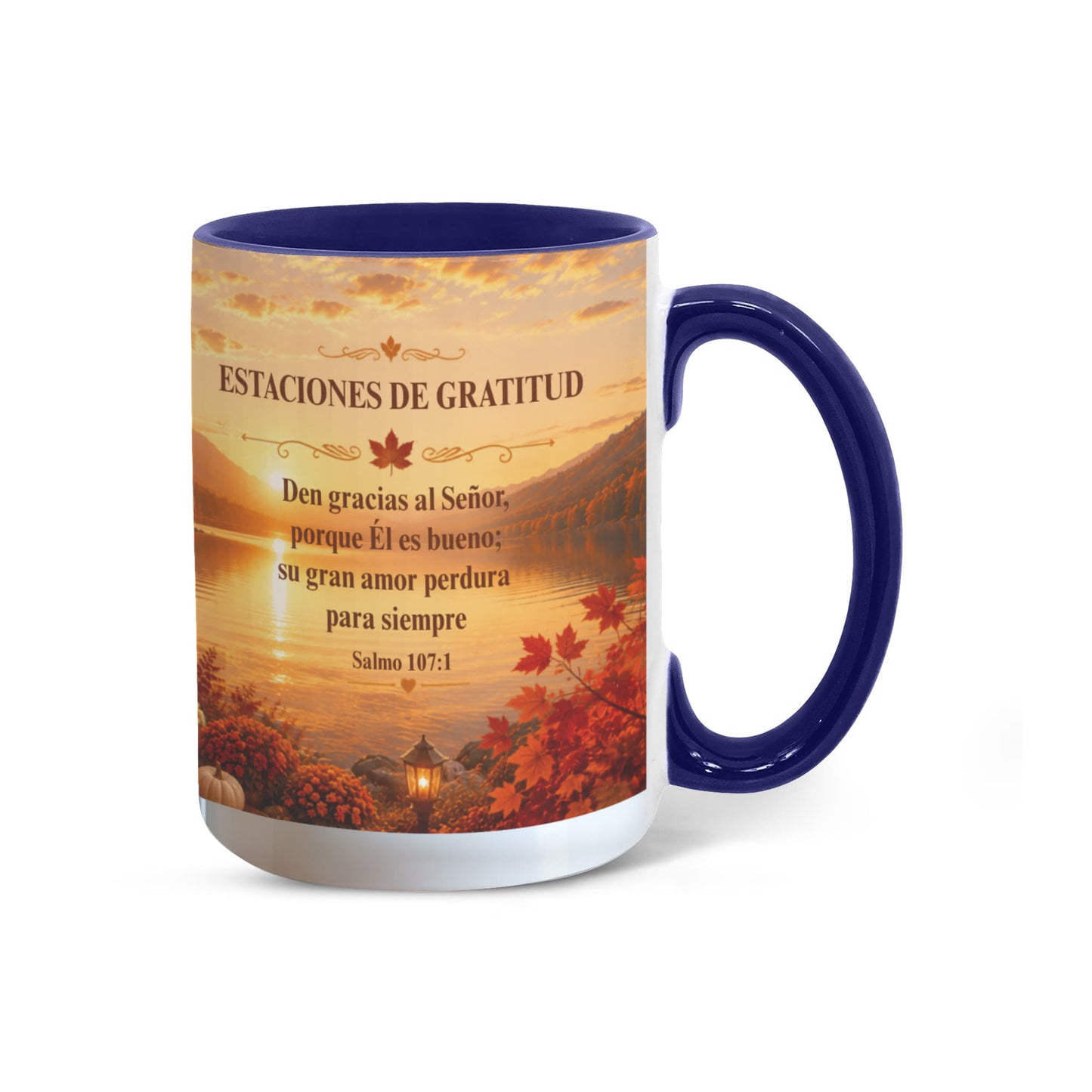 Estaciones de Gratitud | Taza Cristiana con Acento de Color | Salmo 107:1