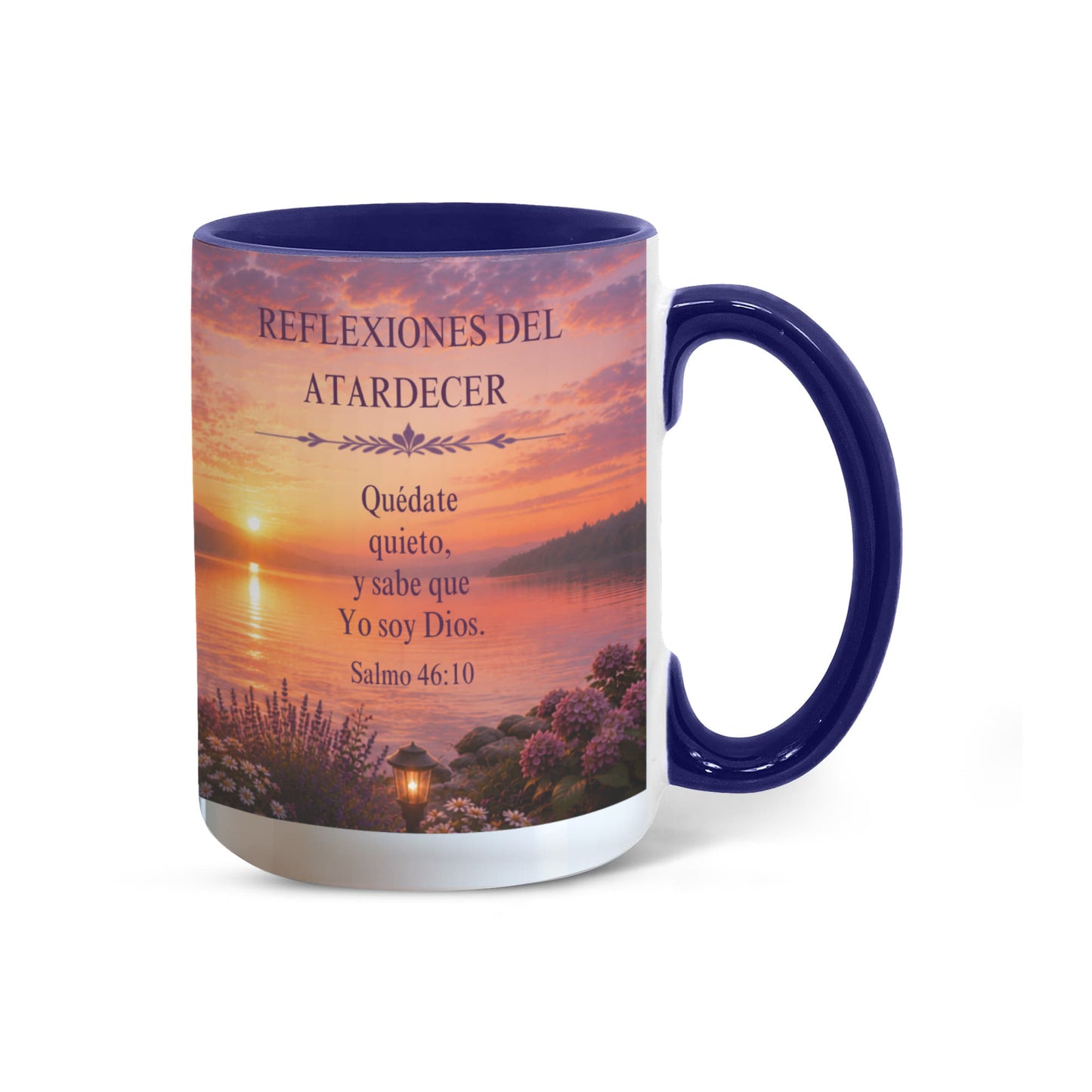 Reflexiones del Atardecer | Taza Cristiana con Acento de Color | Salmo 46:10