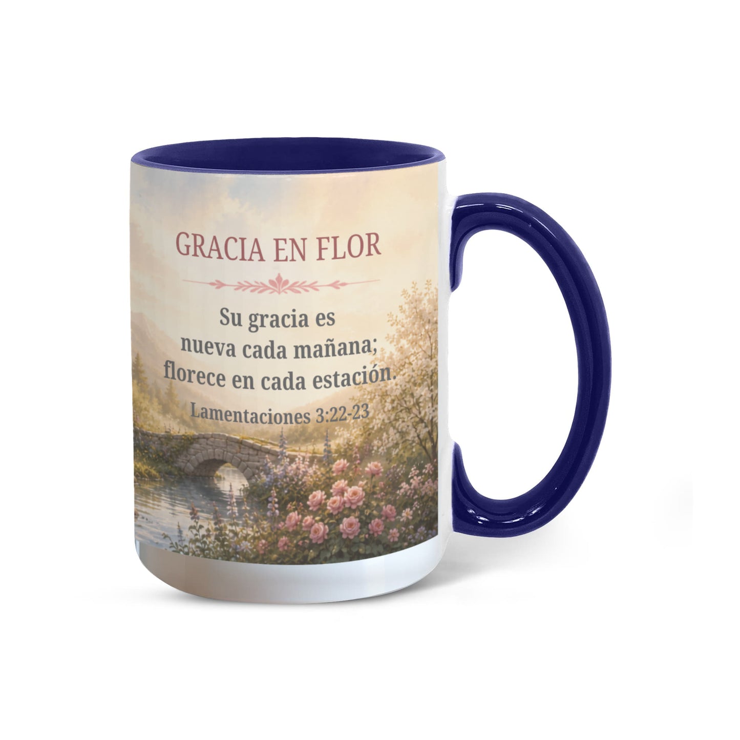 Gracia en Flor | Taza Cristiana con Acento de Color | Lamentaciones 3:22-23 | Taza con Versículo Bíblico