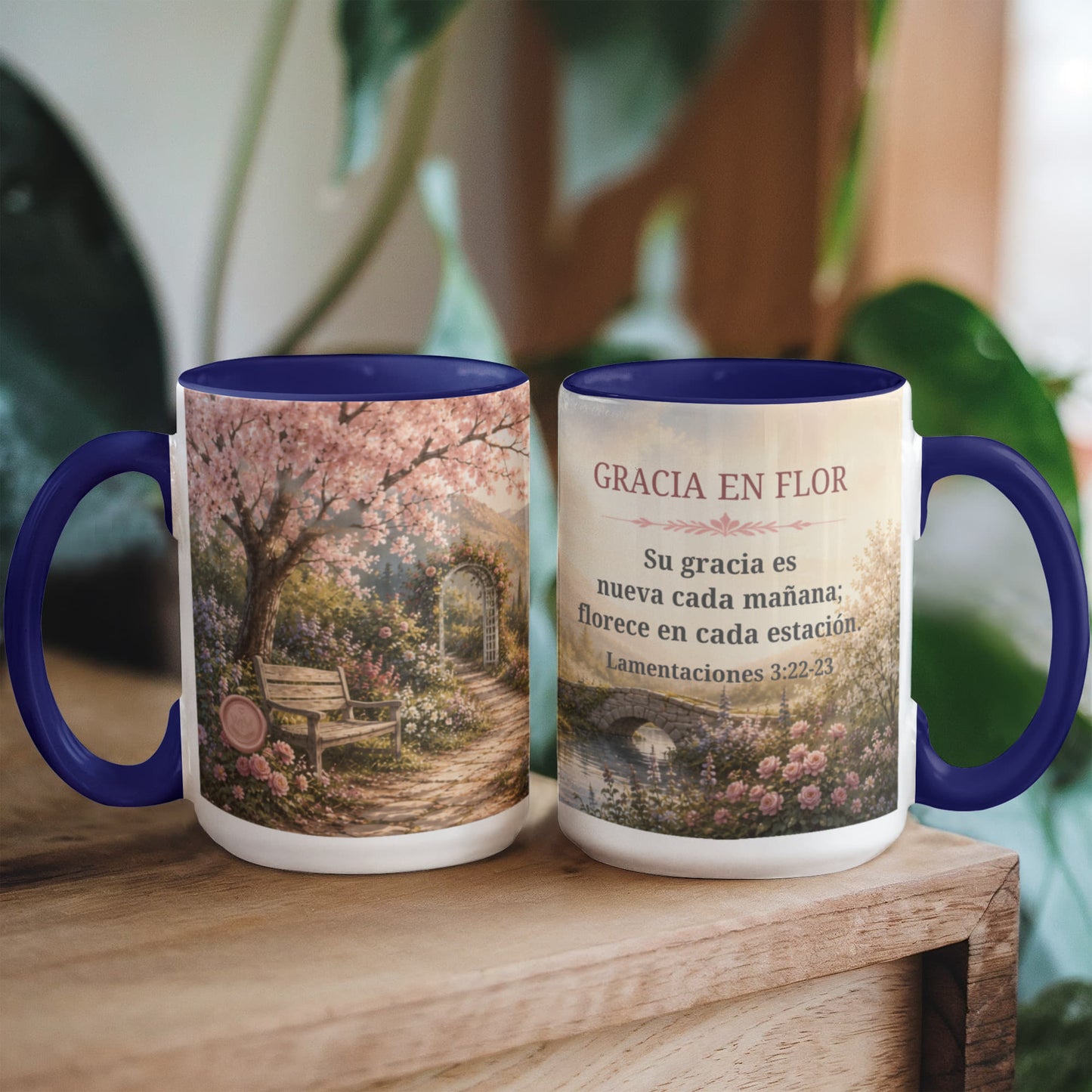Gracia en Flor | Taza Cristiana con Acento de Color | Lamentaciones 3:22-23 | Taza con Versículo Bíblico